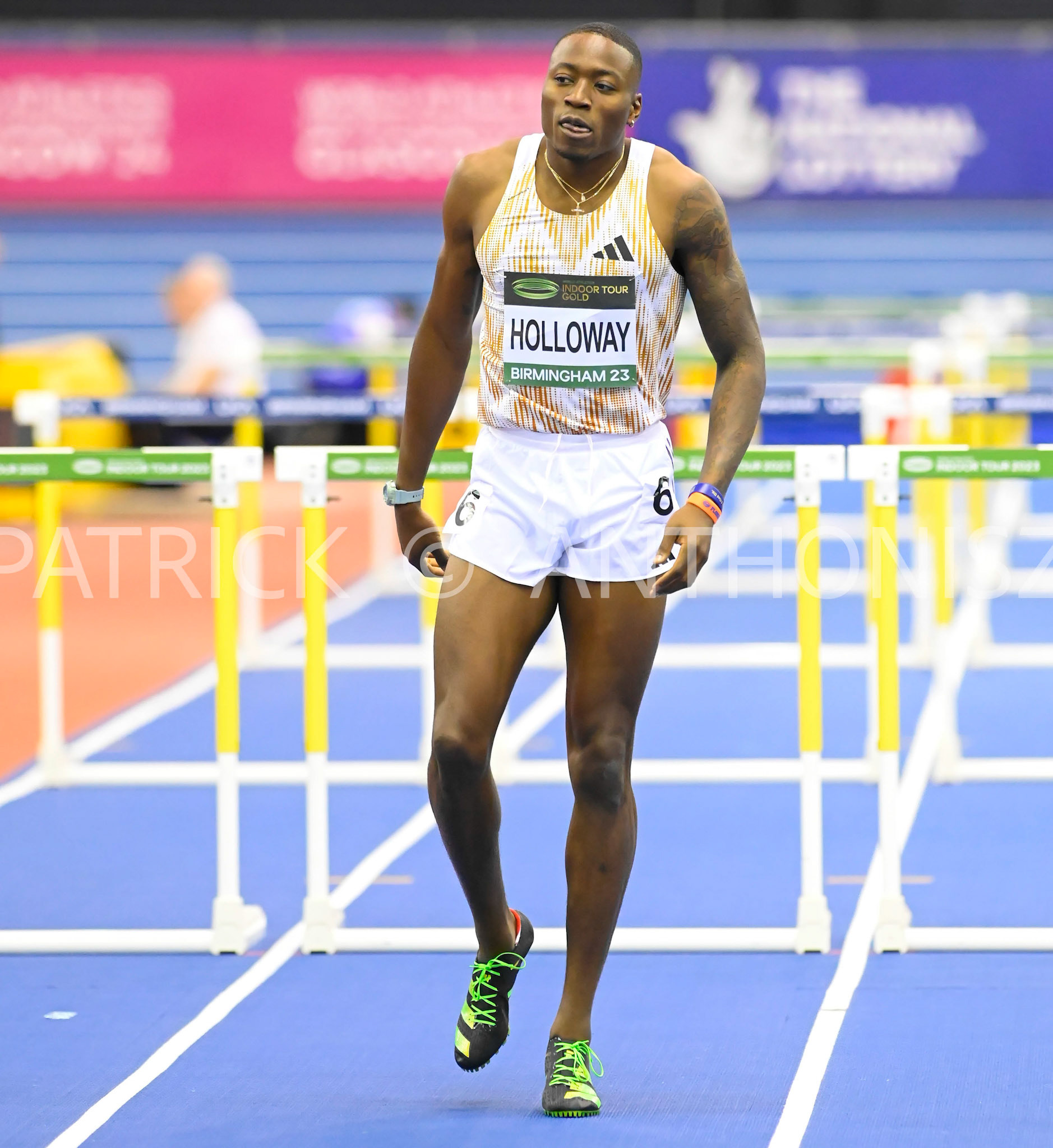 Birmingham, UK, 25 February 2023: HOLLOWAY Grant USA wins Men's 60 m Hurdles in 7.35 Birmingham World Indoor Gold Tour Final  Utilita Arena, Birmingham on the 25 February , England