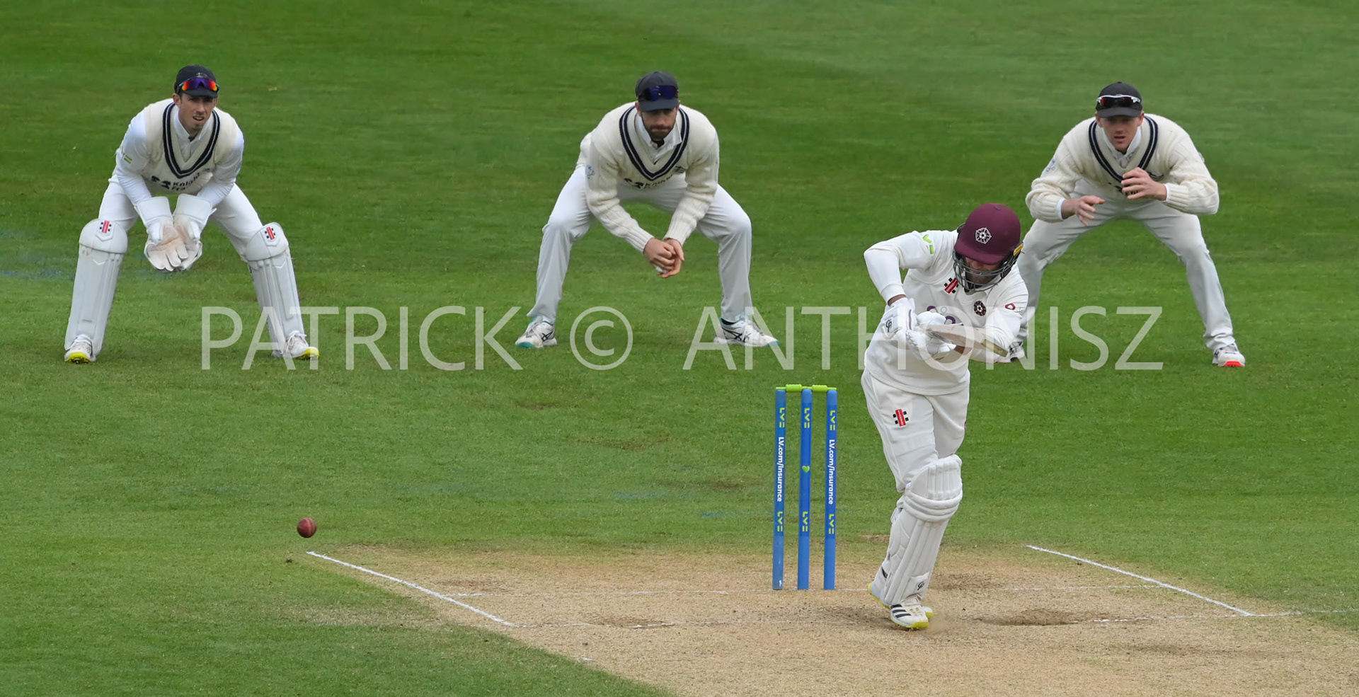 NORTHAMPTON, ENGLAND - April 16 2023 : Luke Procter of Northampton in action during Day 4 of the LV= Insurance County Championship match between Northamptonshire and   Sun  April  16 at The County Ground  in Northampton, England.