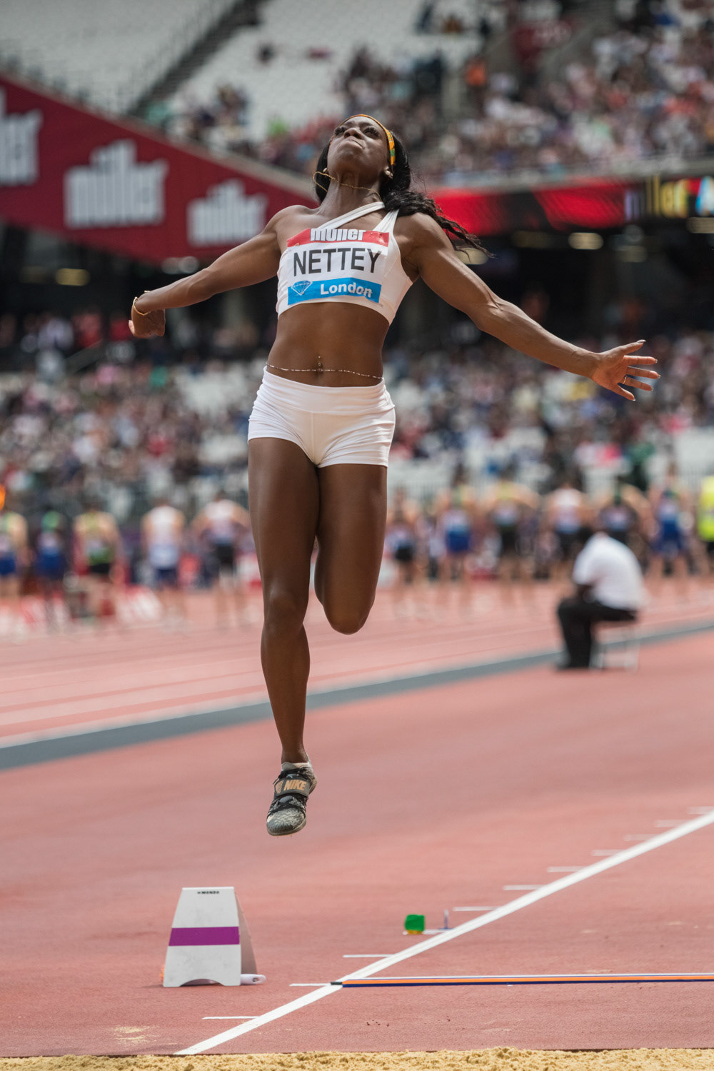LONDON, ENGLAND - JULY 21: Christabel Nettey of Canada competes in the Women's Long Jump during Day Two  Muller Anniversary Games IAAF Diamond League  at the London Stadium on July 21, 2019 in London, England.