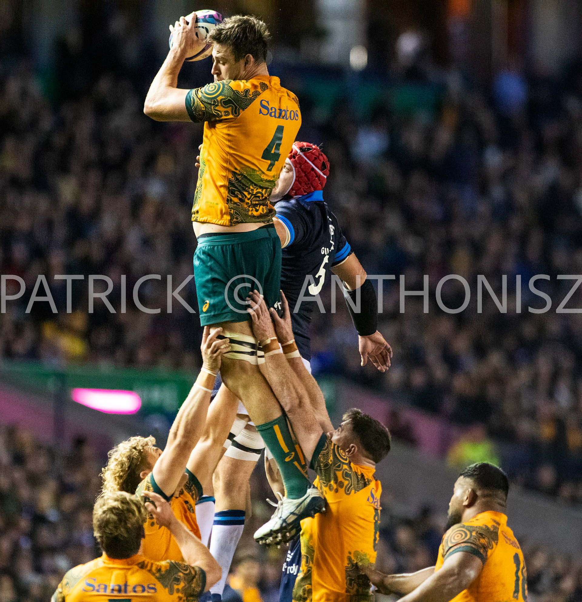 Scotland  October 29th :  Nick Frost of Australia wins the lineout during the Rugby Union Autumn Internationals match between Australia Vs Scotland at BT Murrayfield Stadium Scotland 29th October 2022 Australia 16: Scotland  15