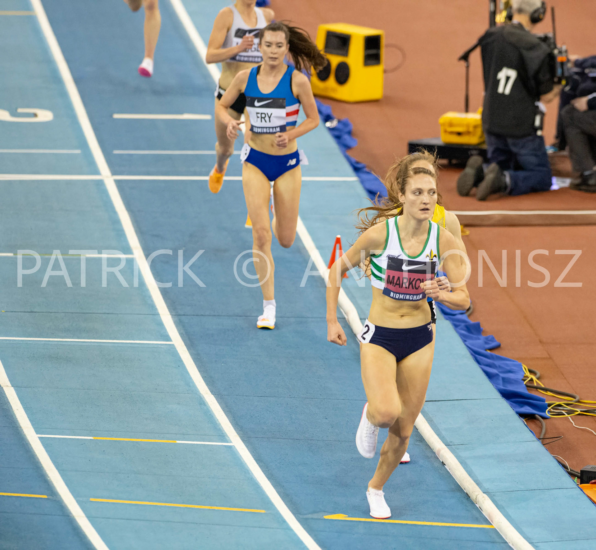 Saturday 27 February :  Amy Eloise Markovc looking at the clock during the 3000 Meters race at the  UK Athletics Indoor Championships and World Trials in Birmingham at the Utilita Arena Birmingham Day 2