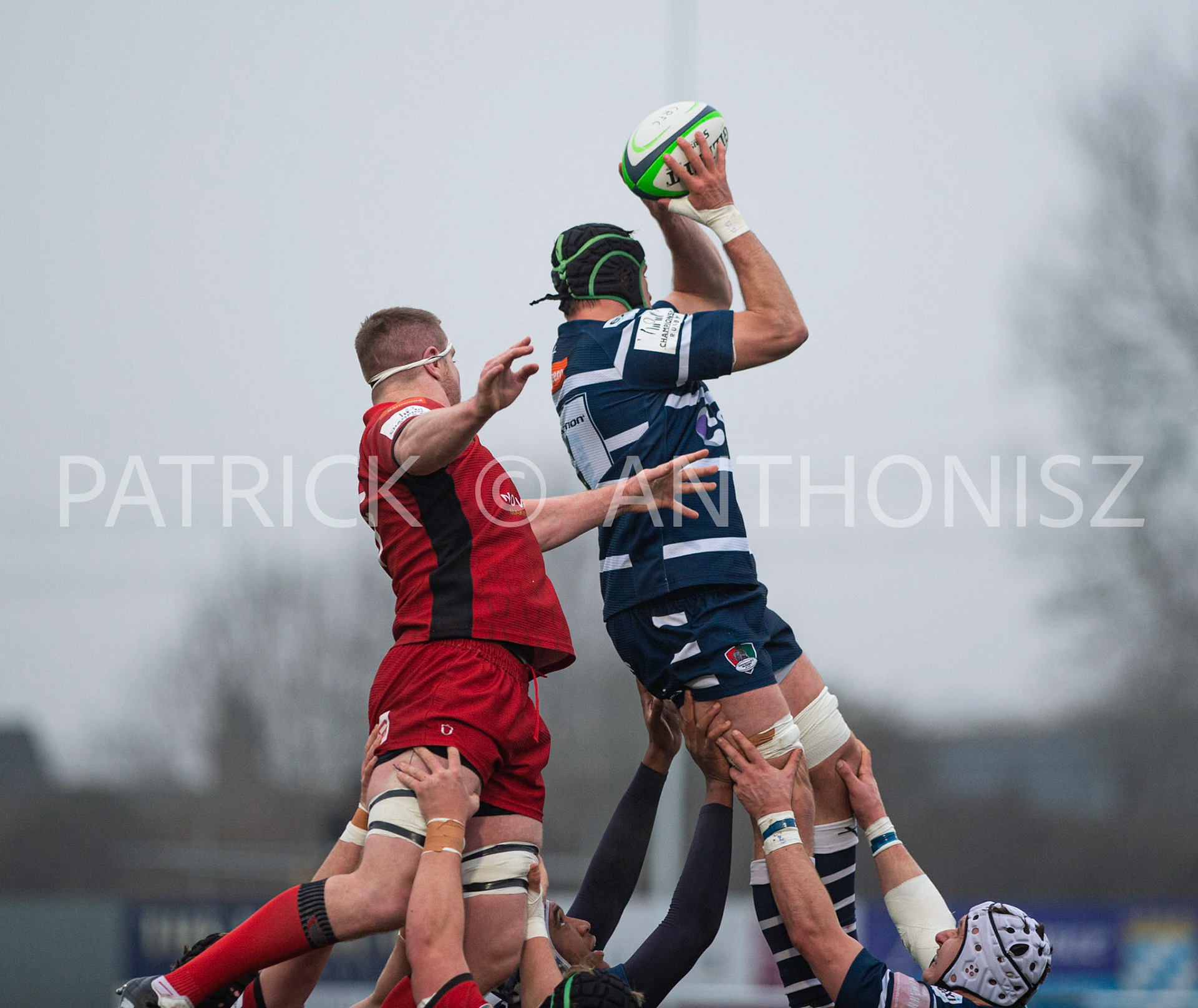 BUTTS PARK ARENA Coventry ,England 15th of January 2022 :  Adam Peters of Coventry wins the ball during the Greene King IPA Championship  match Round 14 between Coventry Rugby Vs Hartpury University  at Butts Park Arena Coventry UK .Final score: Coventry Rugby  34:  33 Hartpury University Rugby .