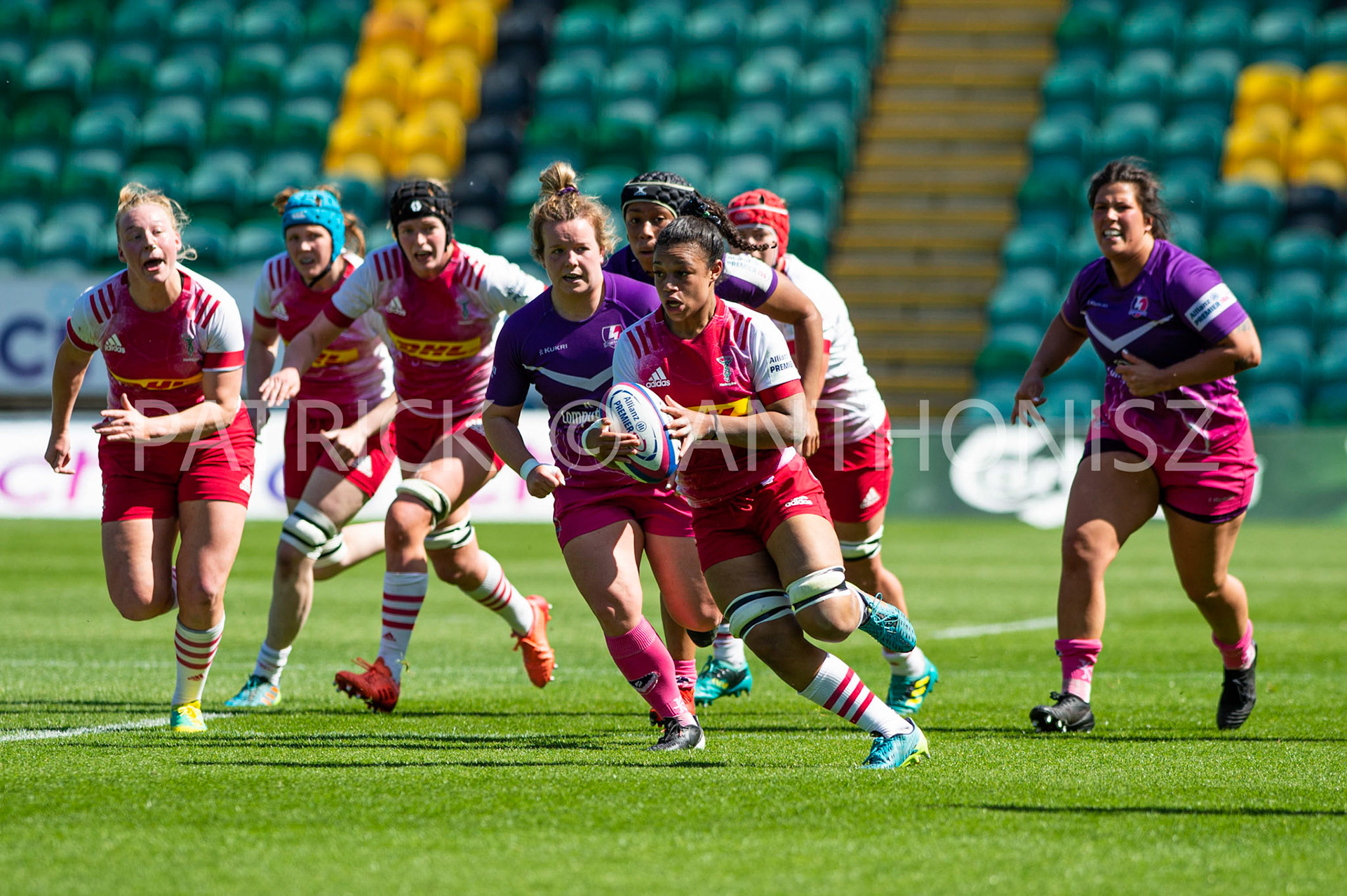 Northampton -14–May-2022. Freya Aucken of Harlequins makes a break during the  Loughborough Lightning Vs Harlequins Womens match at cinch Stadium Franklin's Gardens Northampton  .