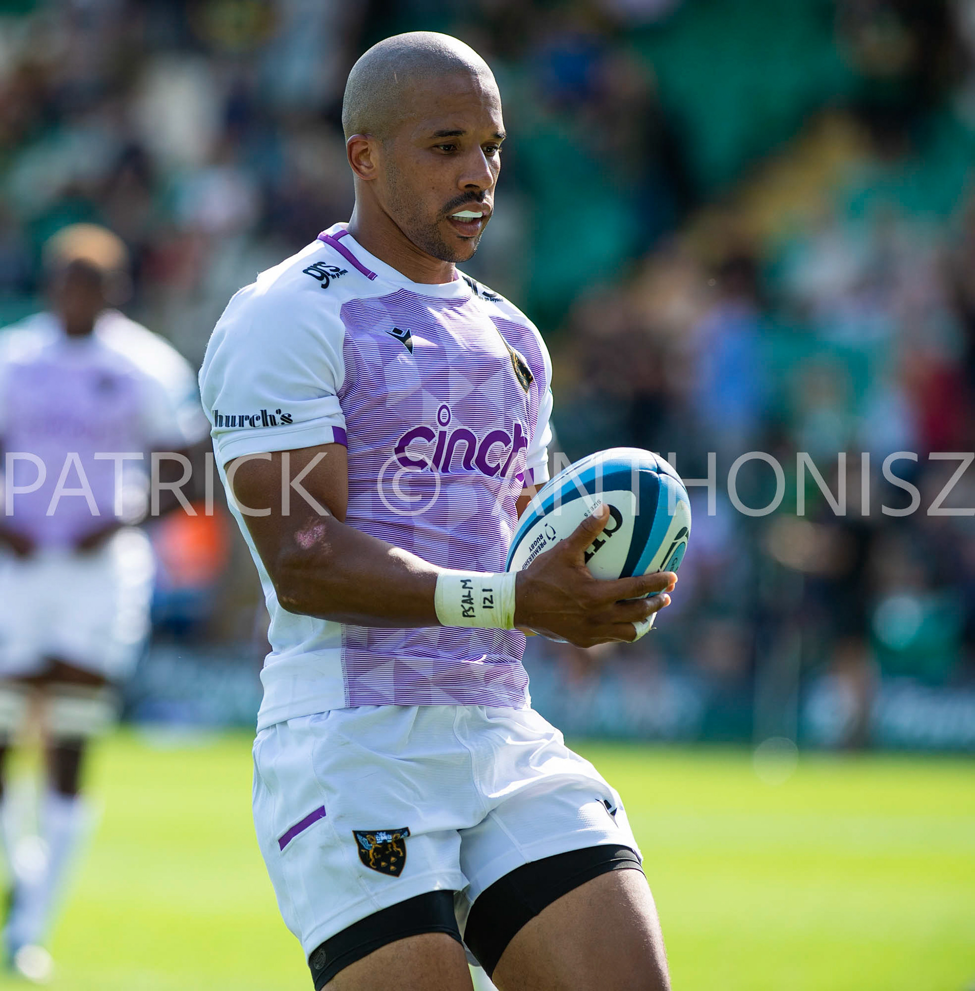 NORTHAMPTON, ENGLAND - August 27 : 2022  Courtnall Skosan of Northampton is seen  during the match between Northampton Saints and Bedford Blues   at Franklin's Gardens on August 27  2022 in Northampton, England.