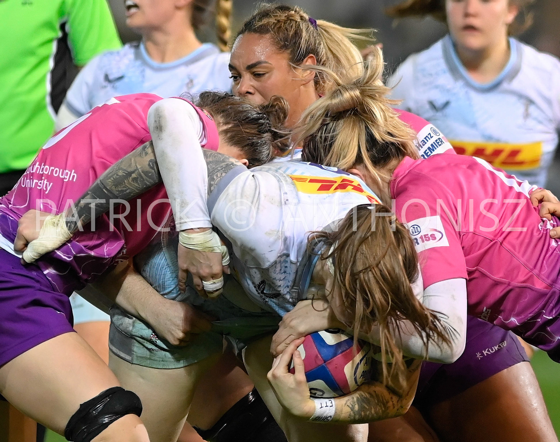 NORTHAMPTON, ENGLAND- Nov -27 - 2022 :  Loughborough Lightning  Women takes  down Jade Konkel-Robertsduring  Harlequins the match between Loughborough Lightning Vs Harlequins at Franklin's Gardens on November 27, 2022 in Northampton, England
