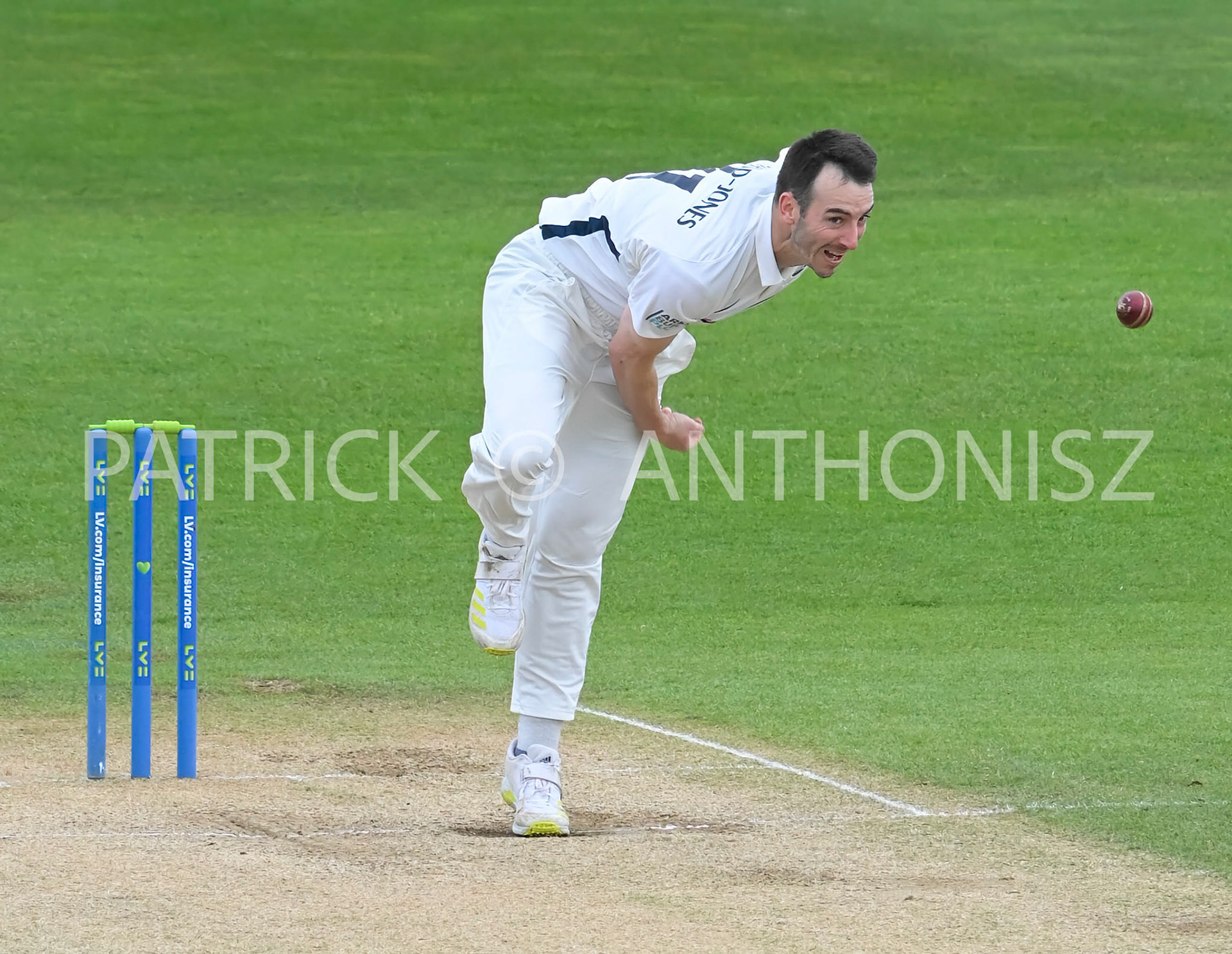 NORTHAMPTON, ENGLAND - April 16 2023 : TOBY ROLAND-JONES of Middlesex in action Day 4 of the LV= Insurance County Championship match between Northamptonshire and   Sun  April  16 at The County Ground  in Northampton, England.