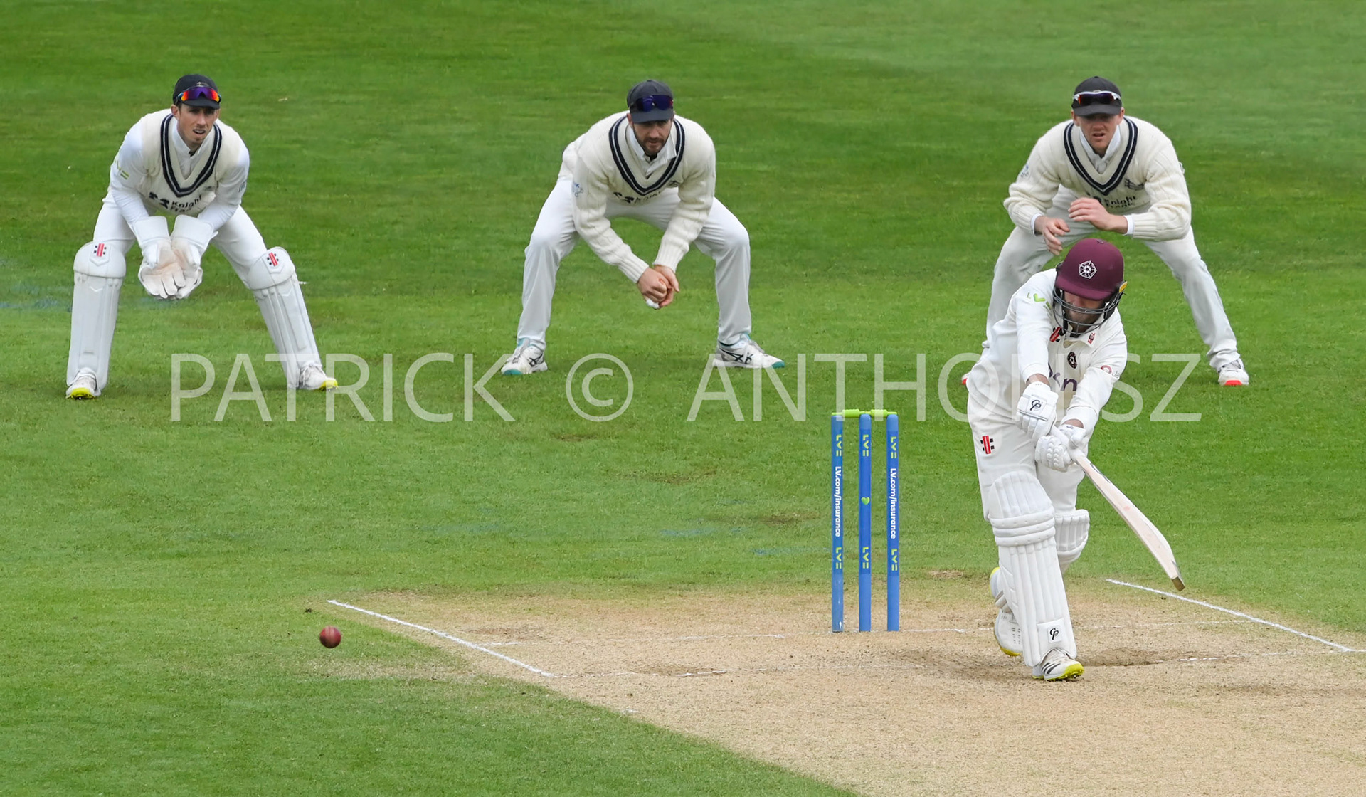 NORTHAMPTON, ENGLAND - April 16 2023 : Luke Procter of Northampton in action during Day 4 of the LV= Insurance County Championship match between Northamptonshire and   Sun  April  16 at The County Ground  in Northampton, England.