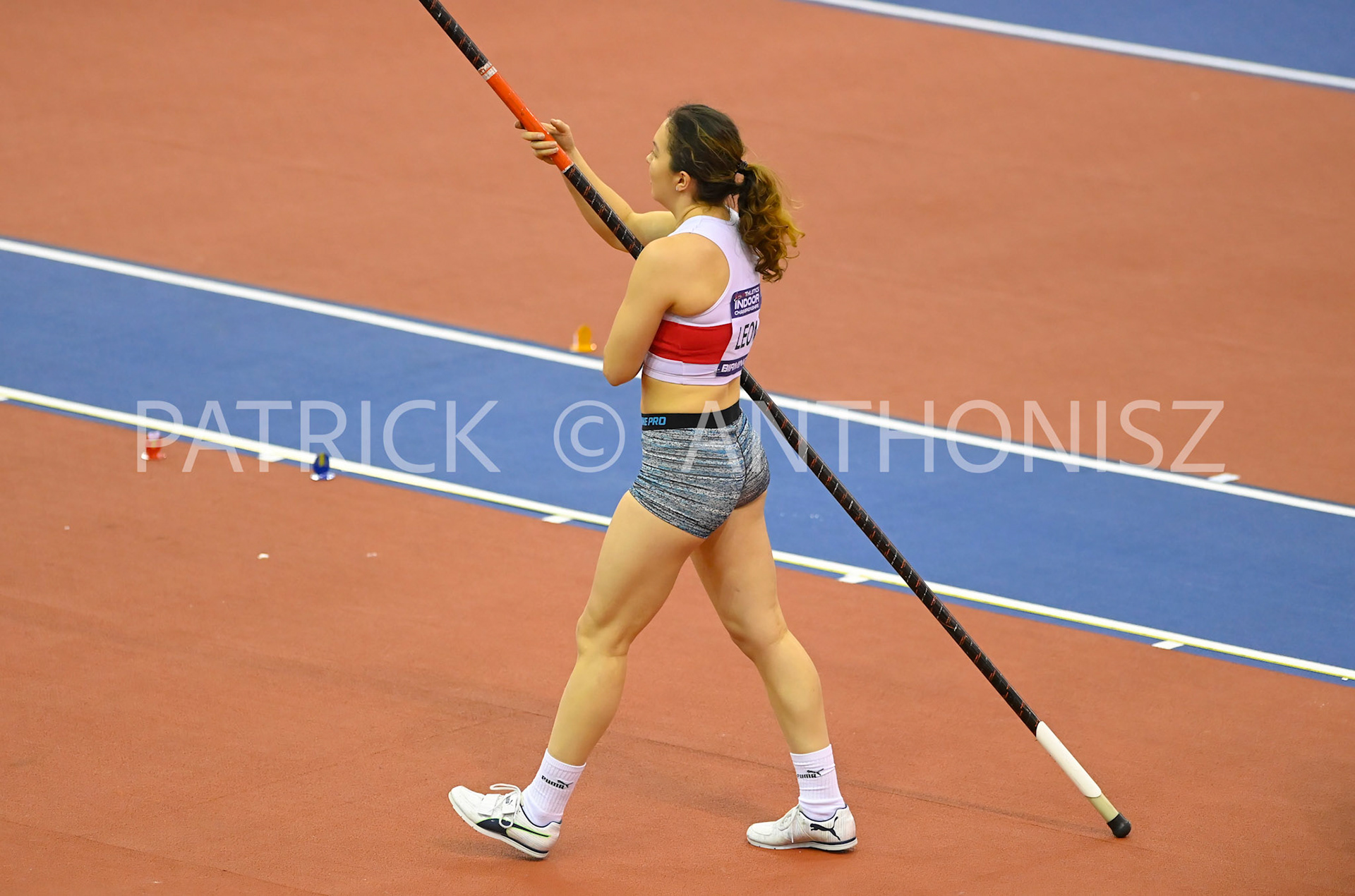 BIRMINGHAM, ENGLAND - FEBRUARY 18:Esther Leong in the Pole Vault during day 1 at the UK Athletics Indoor Championships at the Utilita Arena, Birmingham , England