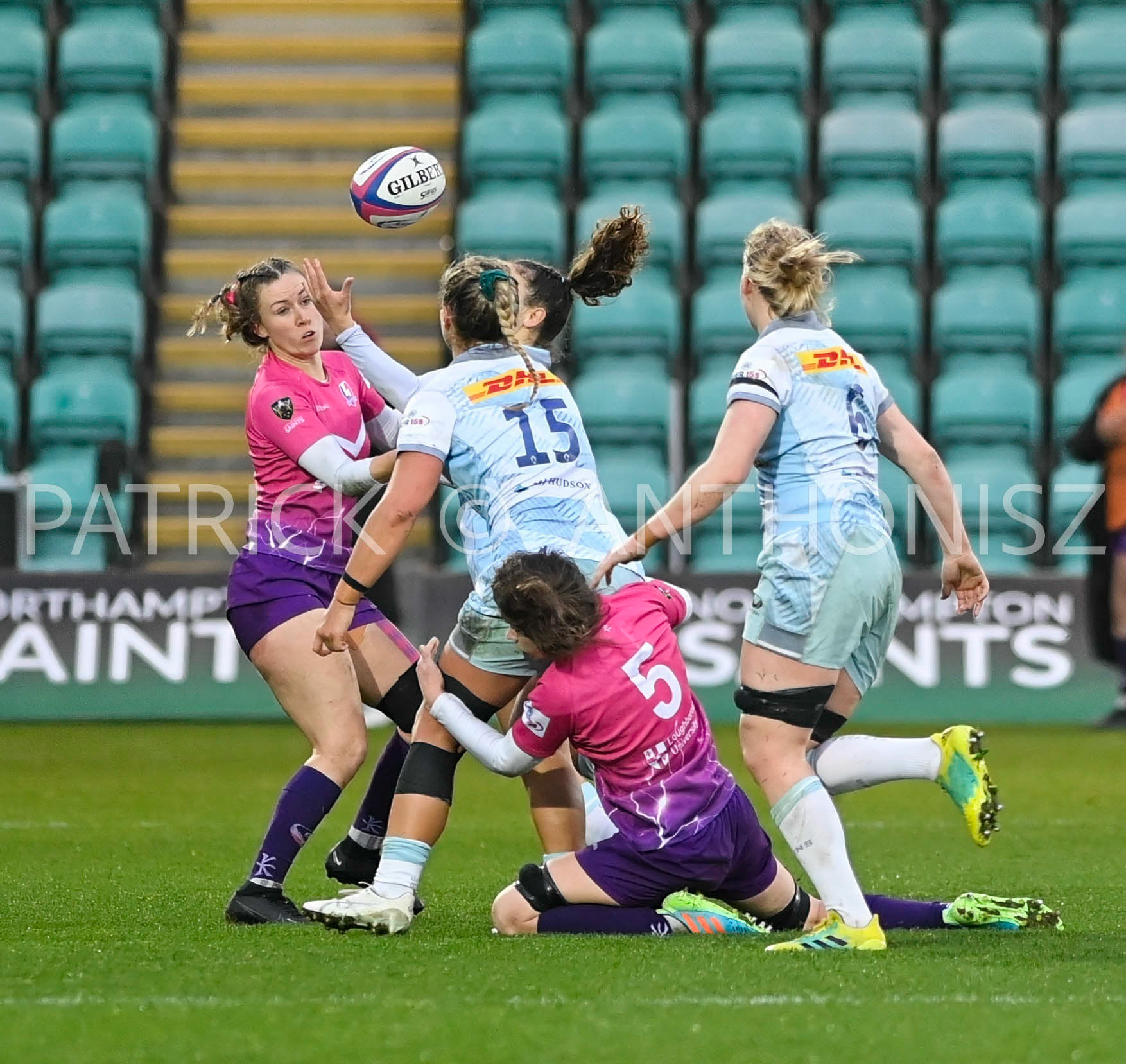NORTHAMPTON, ENGLAND- Nov -27 - 2022 : Georgia Bradley holes down Bella McKenzie  during the match between Loughborough Lightning Vs Harlequins at Franklin's Gardens on November 27, 2022 in Northampton, England