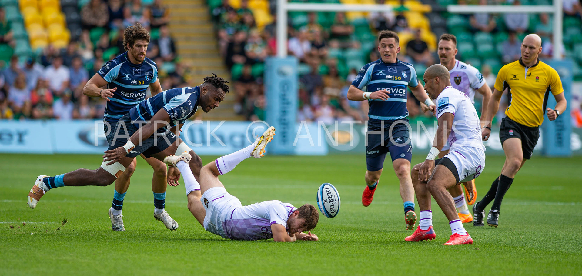NORTHAMPTON, ENGLAND - August 27 : 2022  Matty Arden of northampton saints on the ground during the match between Northampton Saints and Bedford Blues  at Franklin's Gardens on August 27  2022 in Northampton, England.