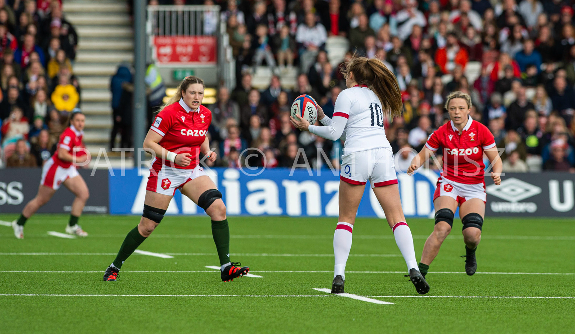 England Vs Wales Six Nations Gloucester 9 April 2022. Zoe Harrison of England  tries to pass the ball during the TikTok Women's Six Nations Rugby Championship match, England Red Roses Vs Wales  Rugby at the Kingsholm  Stadium Gloucester