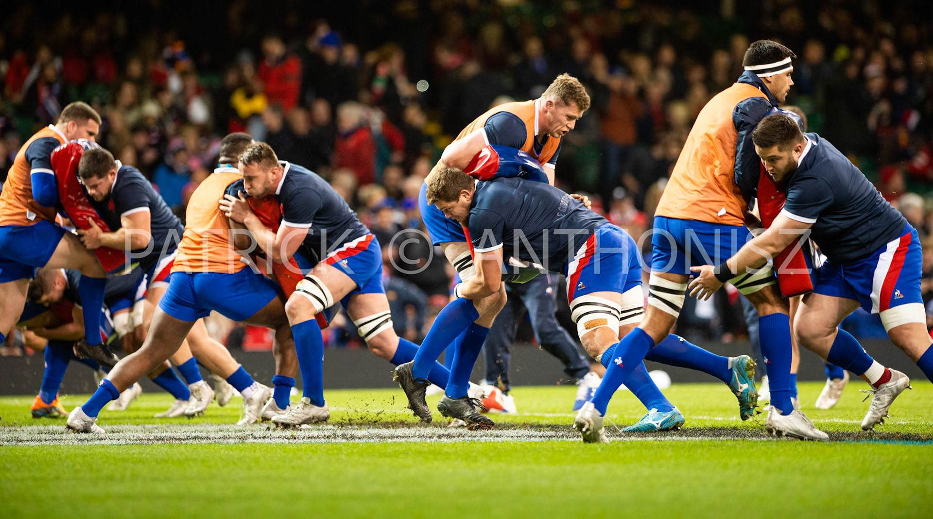 Wales v France  Guinness Six NationsCARDIFF, WALES 2022- March 11: The  French team in the warm up during the  Wales and France game at the Principality Stadium on March 11/2022  in Cardiff, Wales.
