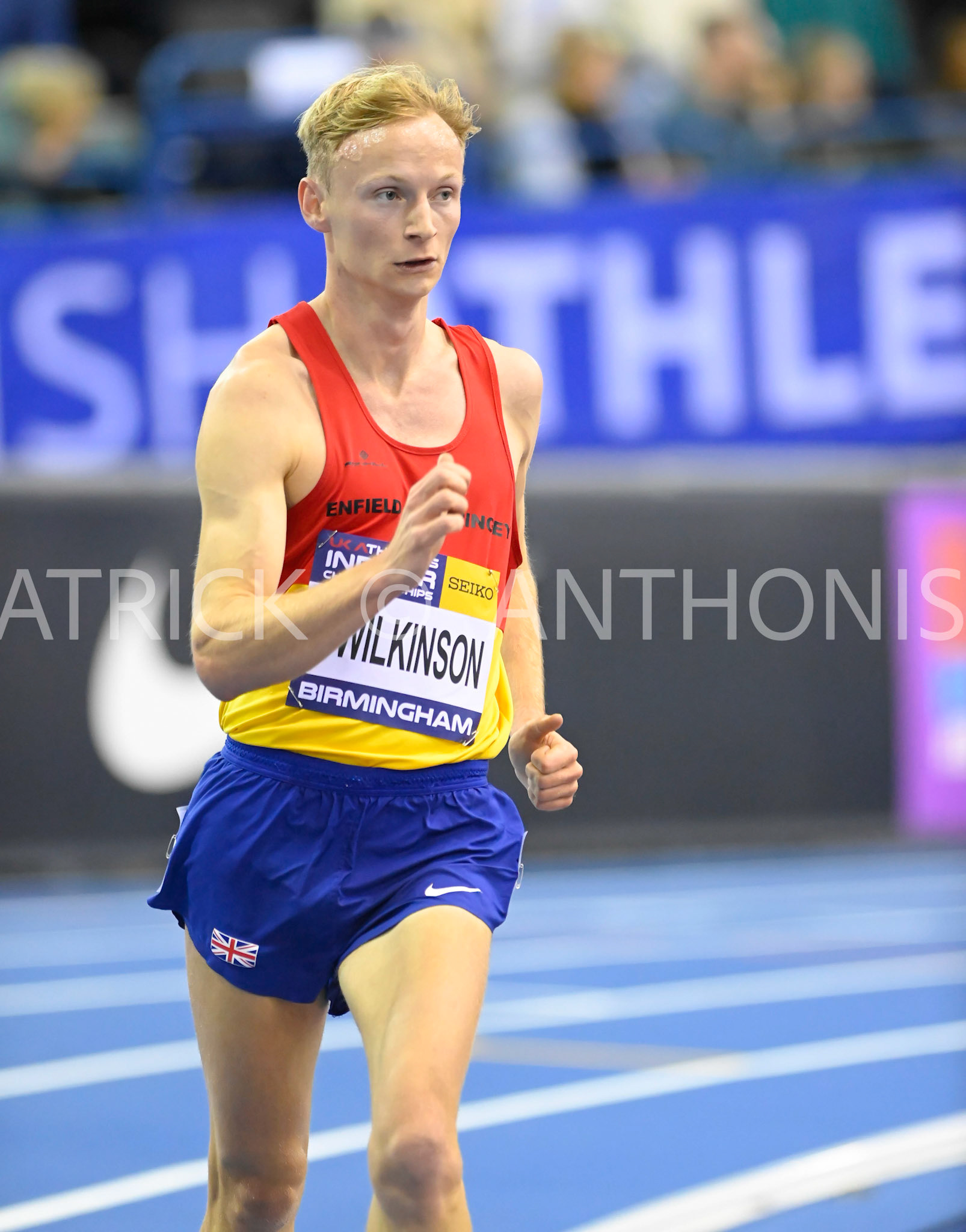 BIRMINGHAM, ENGLAND - FEBRUARY 19: Callum Wilkinsonin Wins the 3000 m Walk Final day 2 at 11.00.98 at the UK Athletics Indoor Championships at the Utilita Arena, Birmingham , England