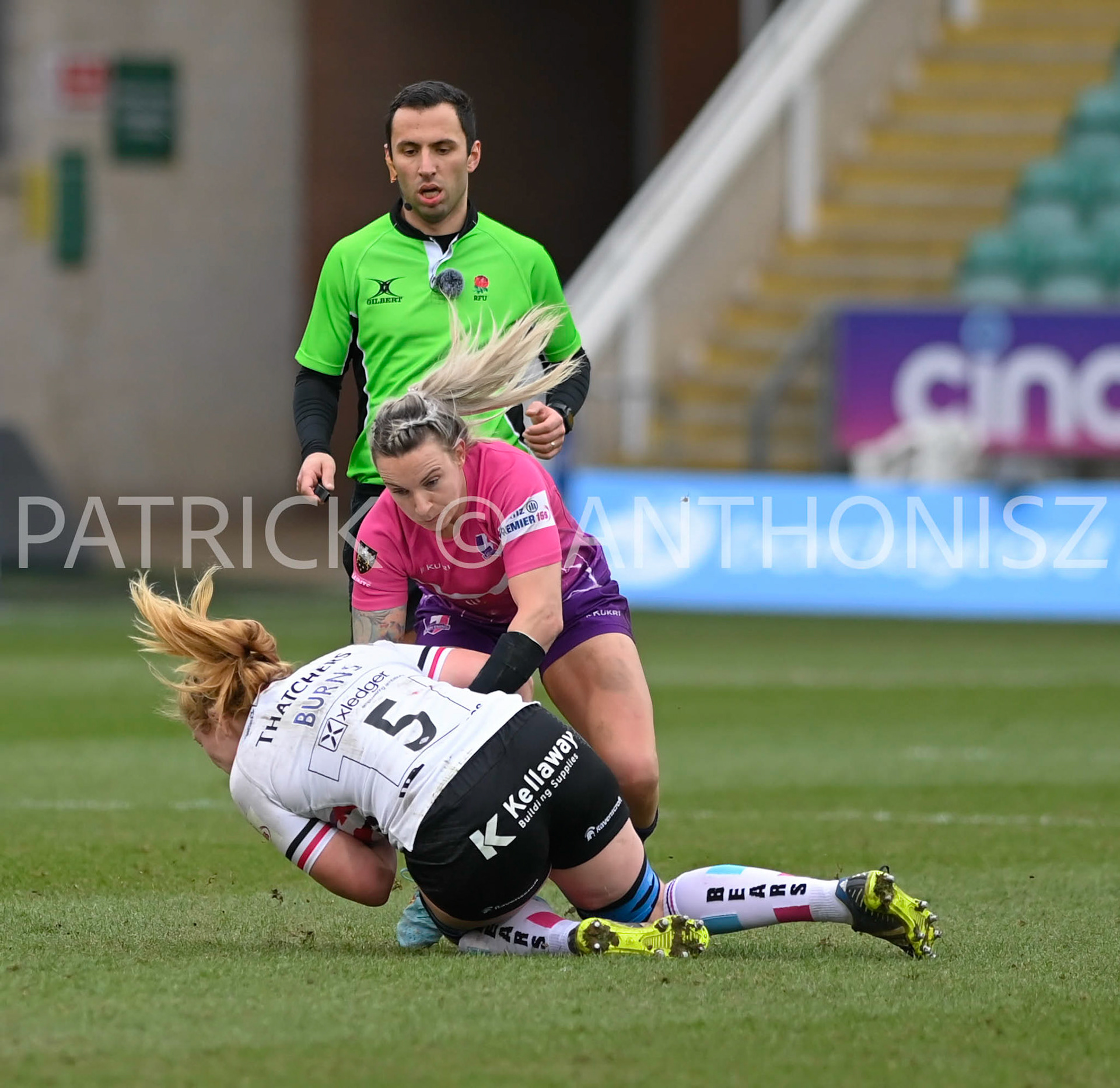 NORTHAMPTON, ENGLAND- Sat-4-2023: Delaney Burns of Bristol Bears is stop by Chloe Rollie of LOUGHBOROUGH  during the match between  Loughborough Lightning and Bristol Bears at Franklin's Gardens on Sat-4-2023 in Northampton, England