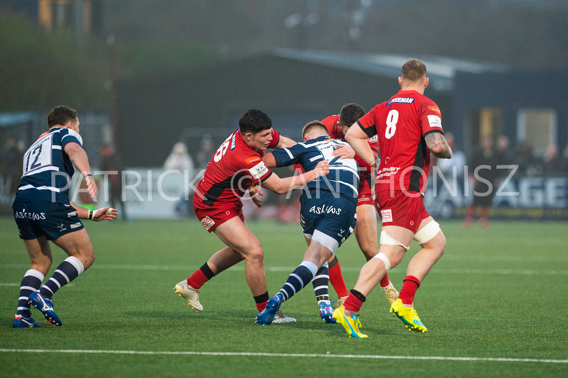 BUTTS PARK ARENA Coventry ,England 15th of January 2022 :  Jordon Poole of Coventry is stop by the Hartpury defence during the Greene King IPA Championship  match Round 14 between Coventry Rugby Vs Hartpury University  at Butts Park Arena Coventry UK .Final score: Coventry Rugby  34:  33 Hartpury University Rugby .