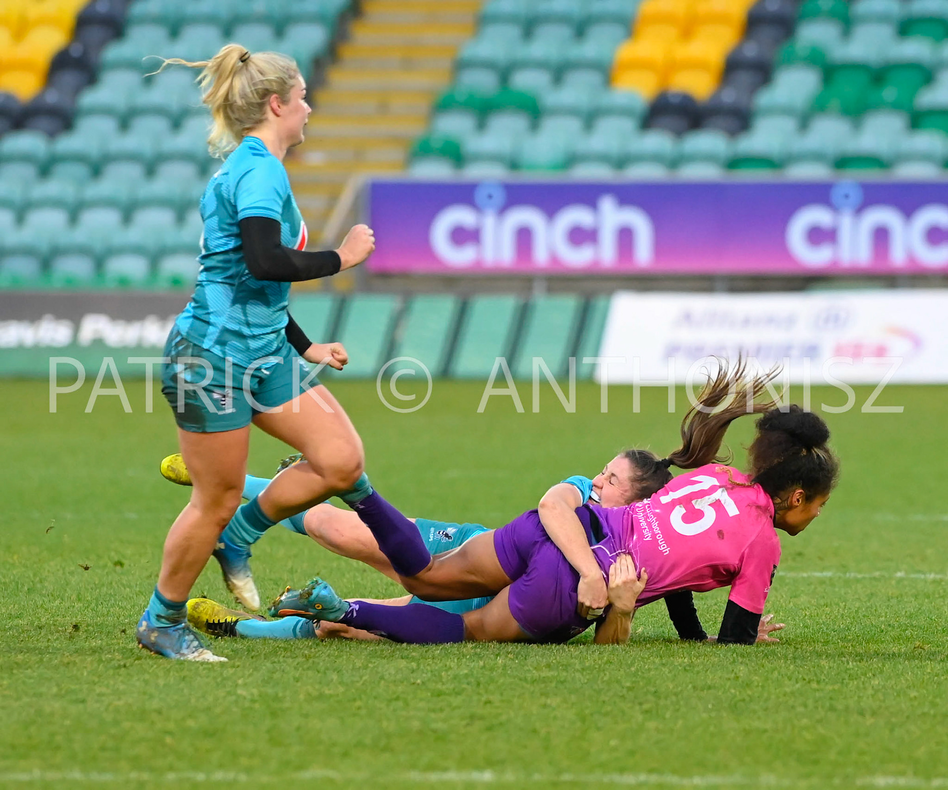 NORTHAMPTON, ENGLAND : Bulou Mataitoga Loughborough Lightning brought down by Sian McGuinness  Wasps during Women's Allianz Premiership 15's match between Loughborough Lightning and  Wasps at Franklin's Gardens on  Sunday January  8 2023 in Northampton, England