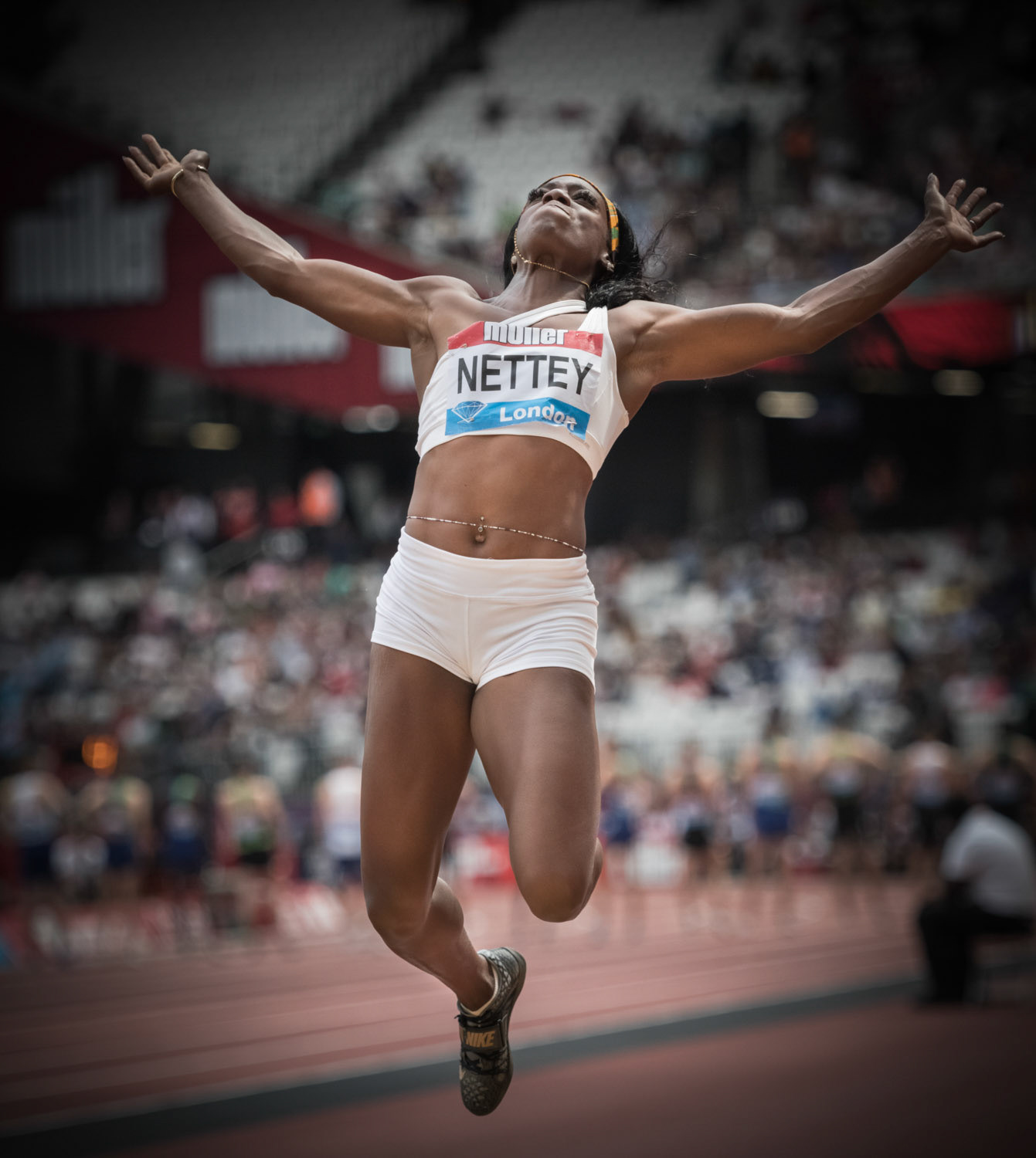LONDON, ENGLAND - JULY 21: Christabel Nettey of Canada competes in the Women's Long Jump during Day Two  Muller Anniversary Games IAAF Diamond League  at the London Stadium on July 21, 2019 in London, England.