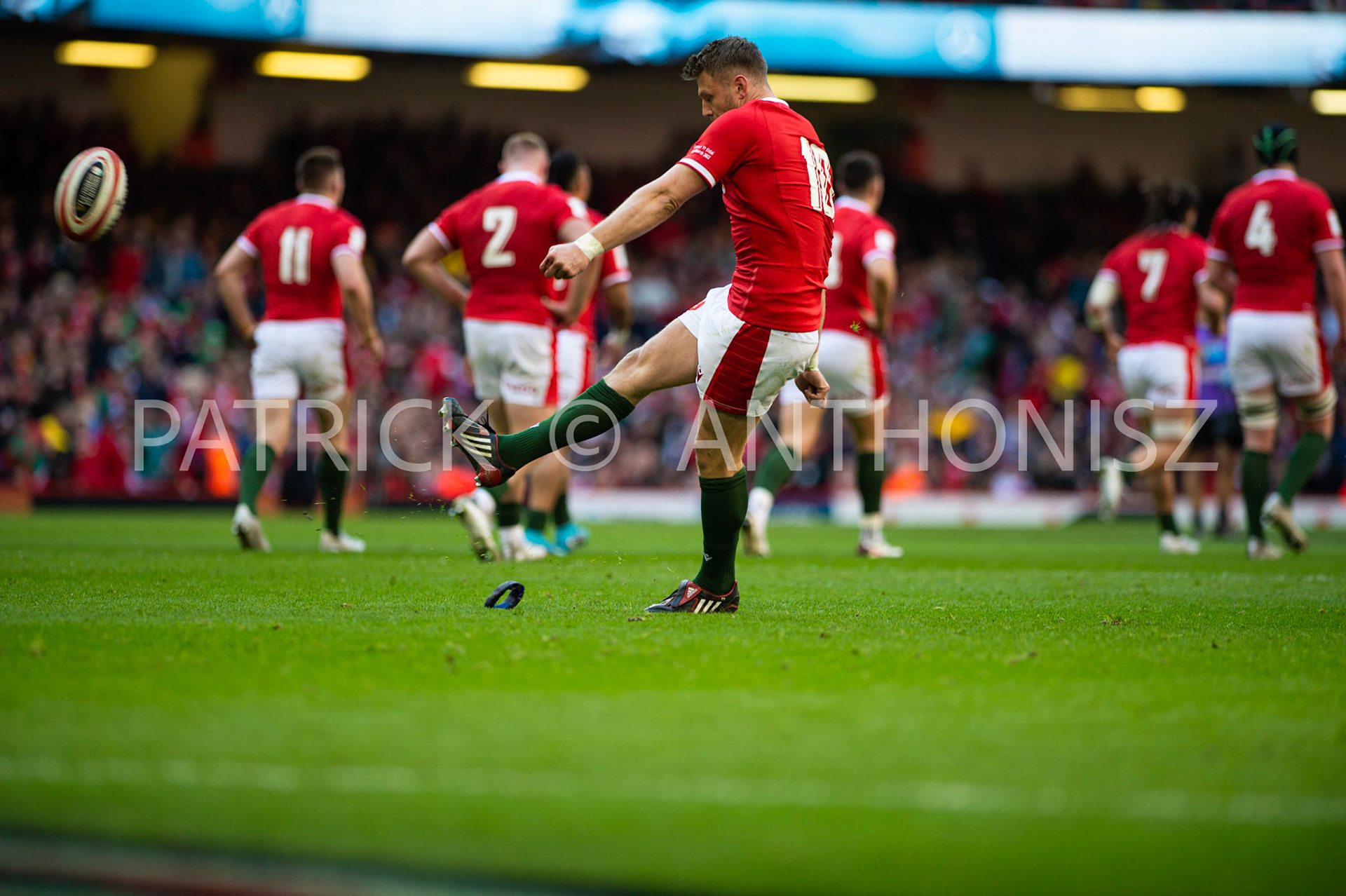Wales v Italy Guinness Six Nations Cardiff, UK.19th Mar, 2022. Dan Biggar (capt)of Wales goes for a kick during the Guinness Six Nations Championship 2022 match, Wales v Italy at the Principality Stadium in Cardiff