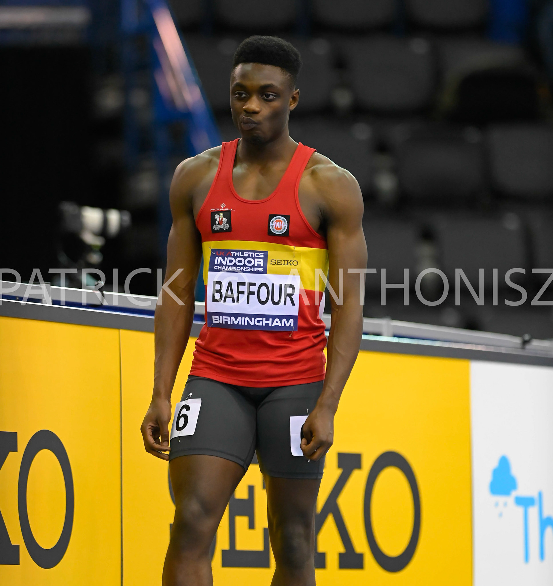 BIRMINGHAM, ENGLAND - FEBRUARY 19: Stephen BAFFOUR in the 200m Heat 3 day 2 at  the UK Athletics Indoor Championships at the Utilita Arena, Birmingham , England