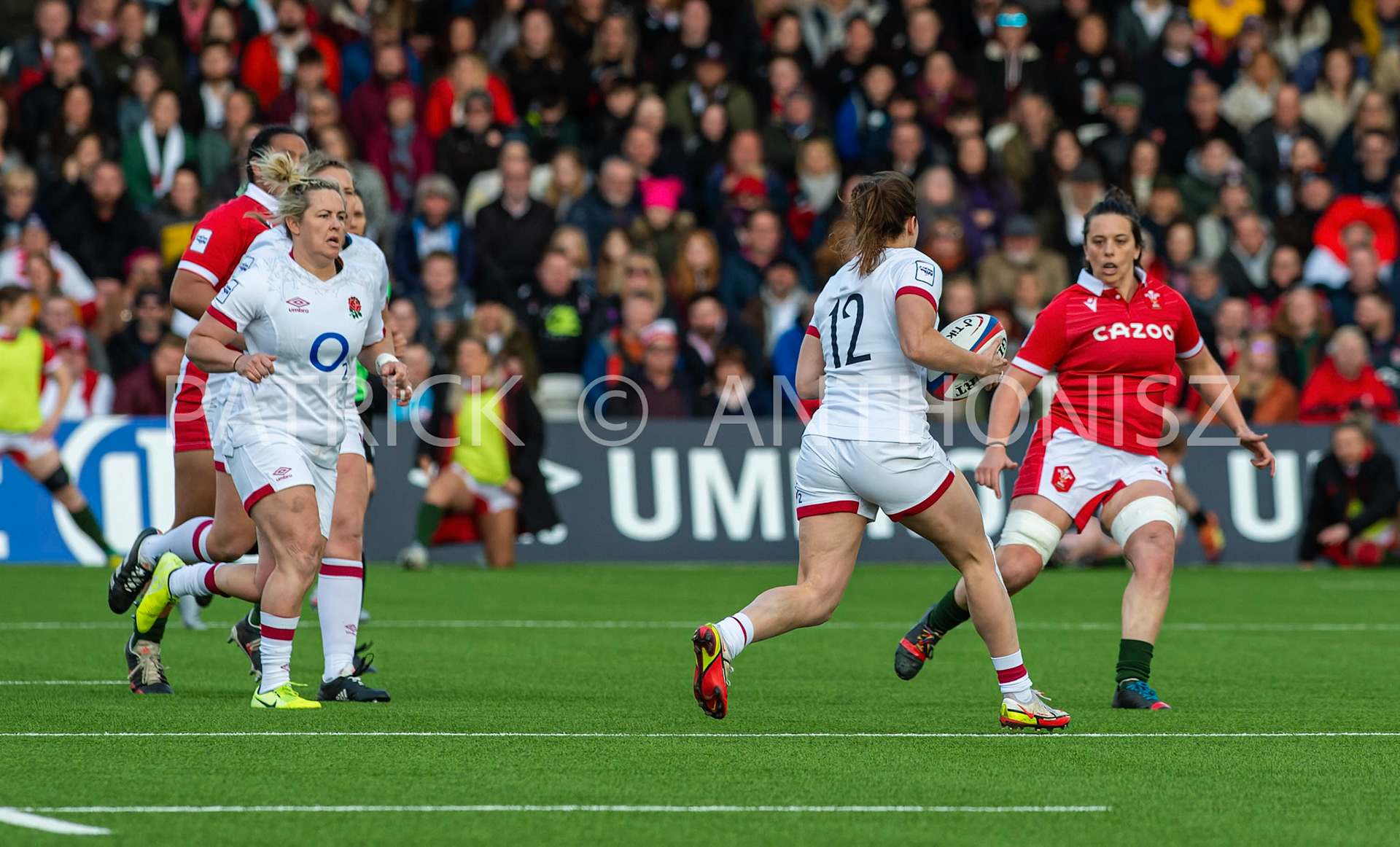 England Vs Wales Six Nations Gloucester 9 April 2022.Helena Rowland of England  runs with the ball during the  TikTok Women's Six Nations Rugby Championship match, England Red Roses Vs Wales  Rugby at the Kingsholm  Stadium Gloucester