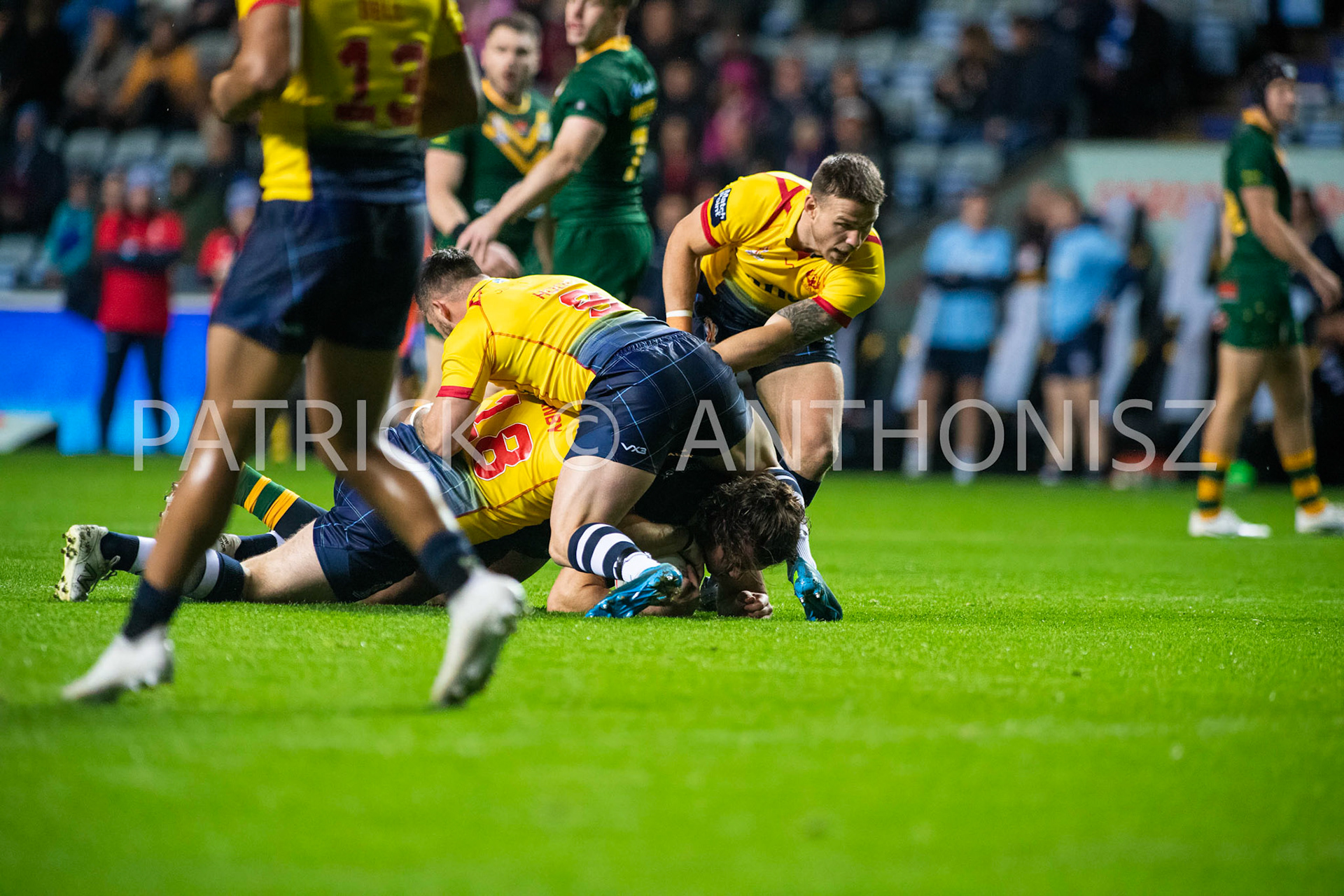 Coventry England  21st October:  Match action uring the Rugby League World Cup 2021 between Australia Vs Scotland  at  Coventry Building Society Arena on 21st October 2022 Australia 84: Scotland 0