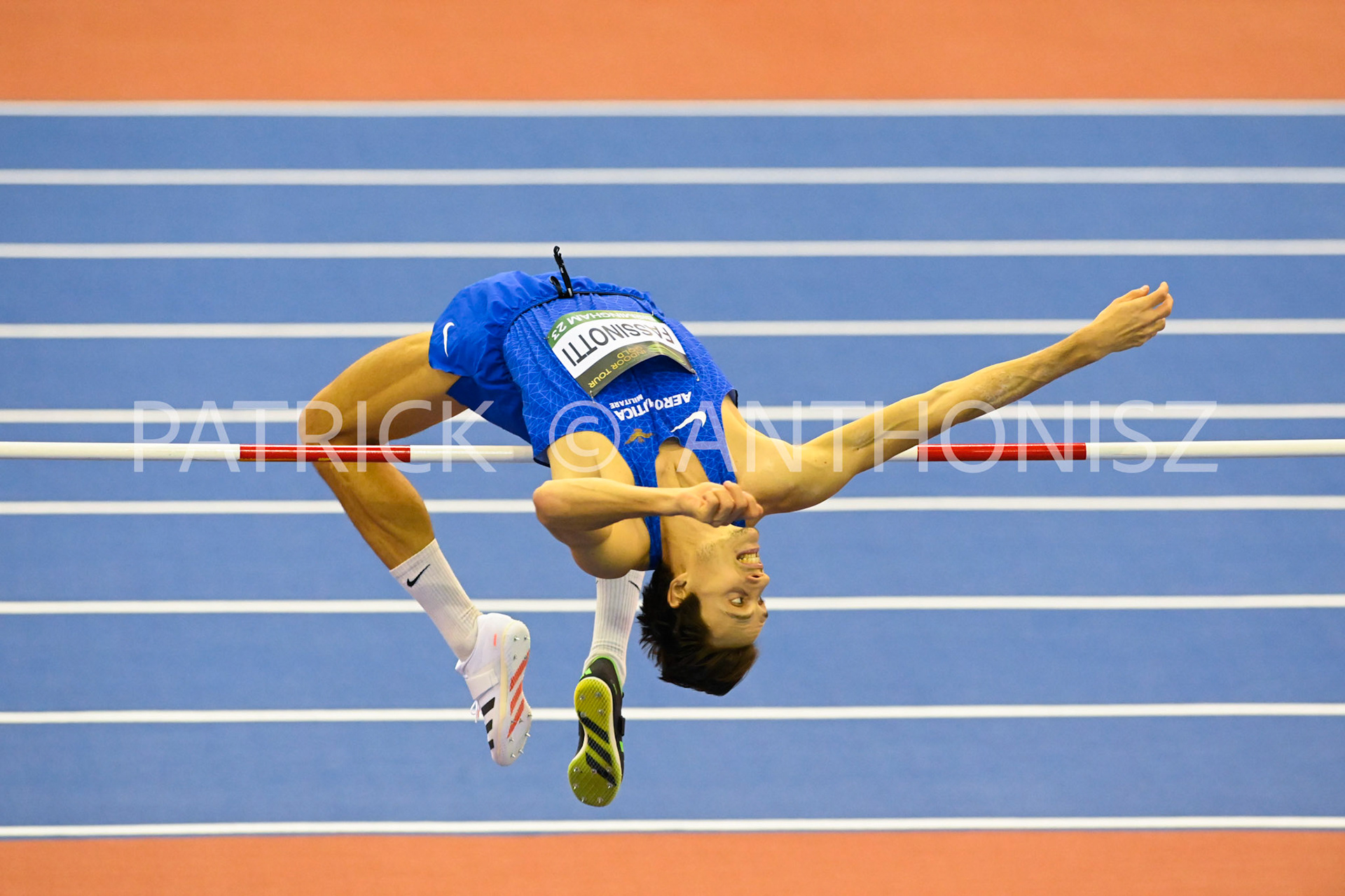 Birmingham, UK, 25 February 2023: FASSINOTTI Marco   ITA competes in the  Men's High Jump with 2.22m Birmingham World Indoor Gold Tour Final  Utilita Arena, Birmingham on the 25 February , England