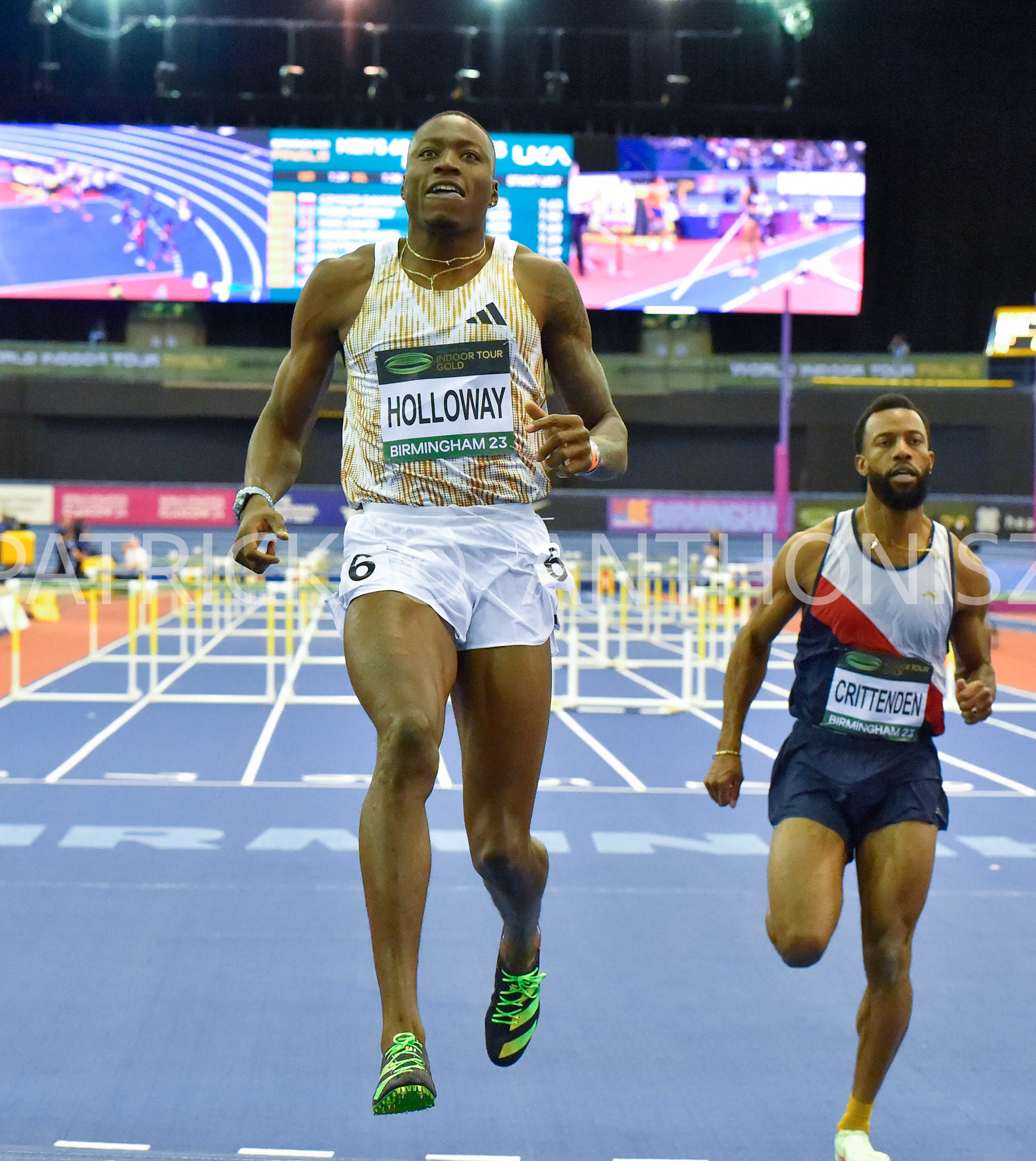 Birmingham, UK, 25 February 2023: HOLLOWAY Grant USA wins Men's 60 m Hurdles in 7.35 Birmingham World Indoor Gold Tour Final  Utilita Arena, Birmingham on the 25 February , England