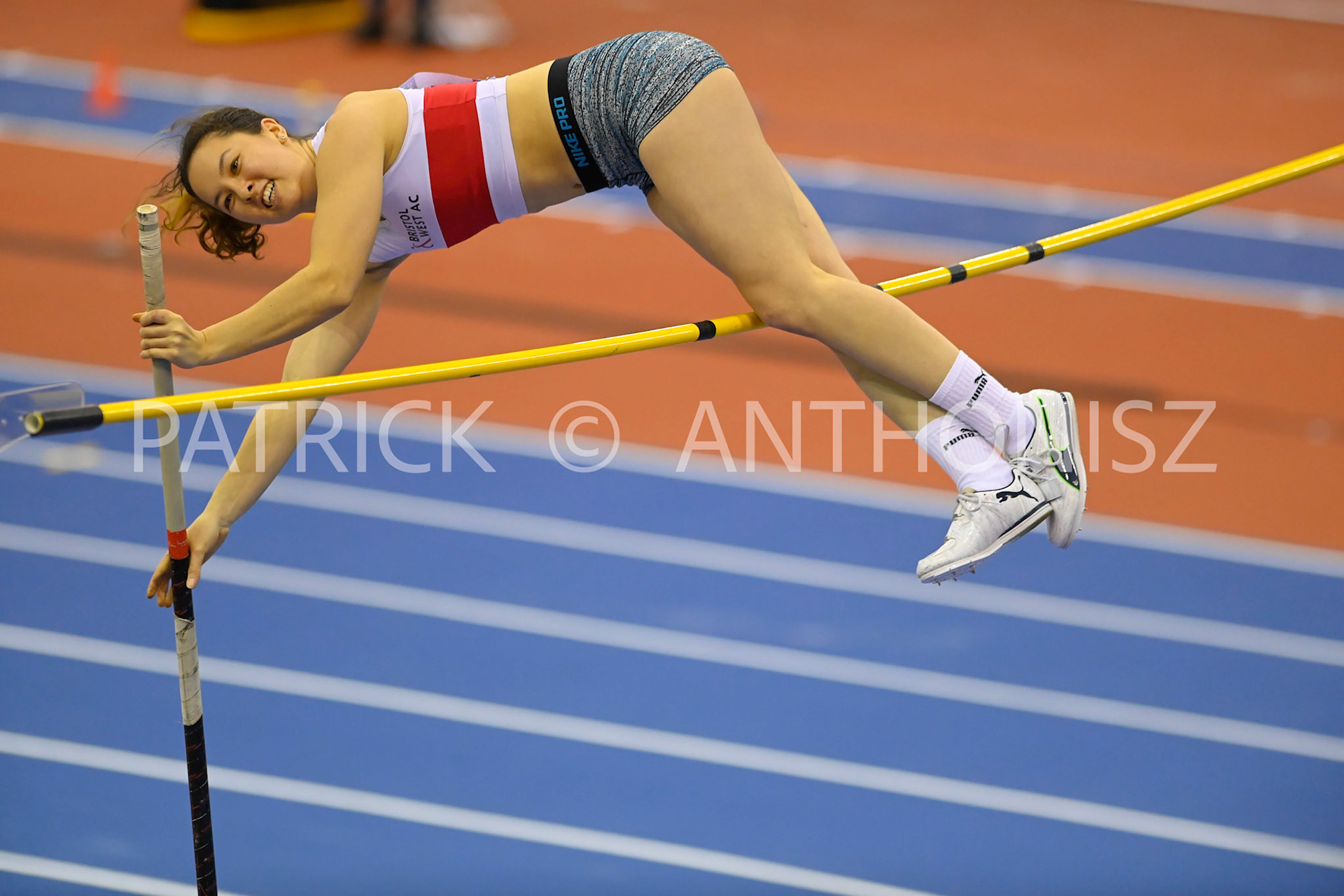 BIRMINGHAM, ENGLAND - FEBRUARY 18:Esther Leong in the Pole Vault during day 1 at the UK Athletics Indoor Championships at the Utilita Arena, Birmingham , England