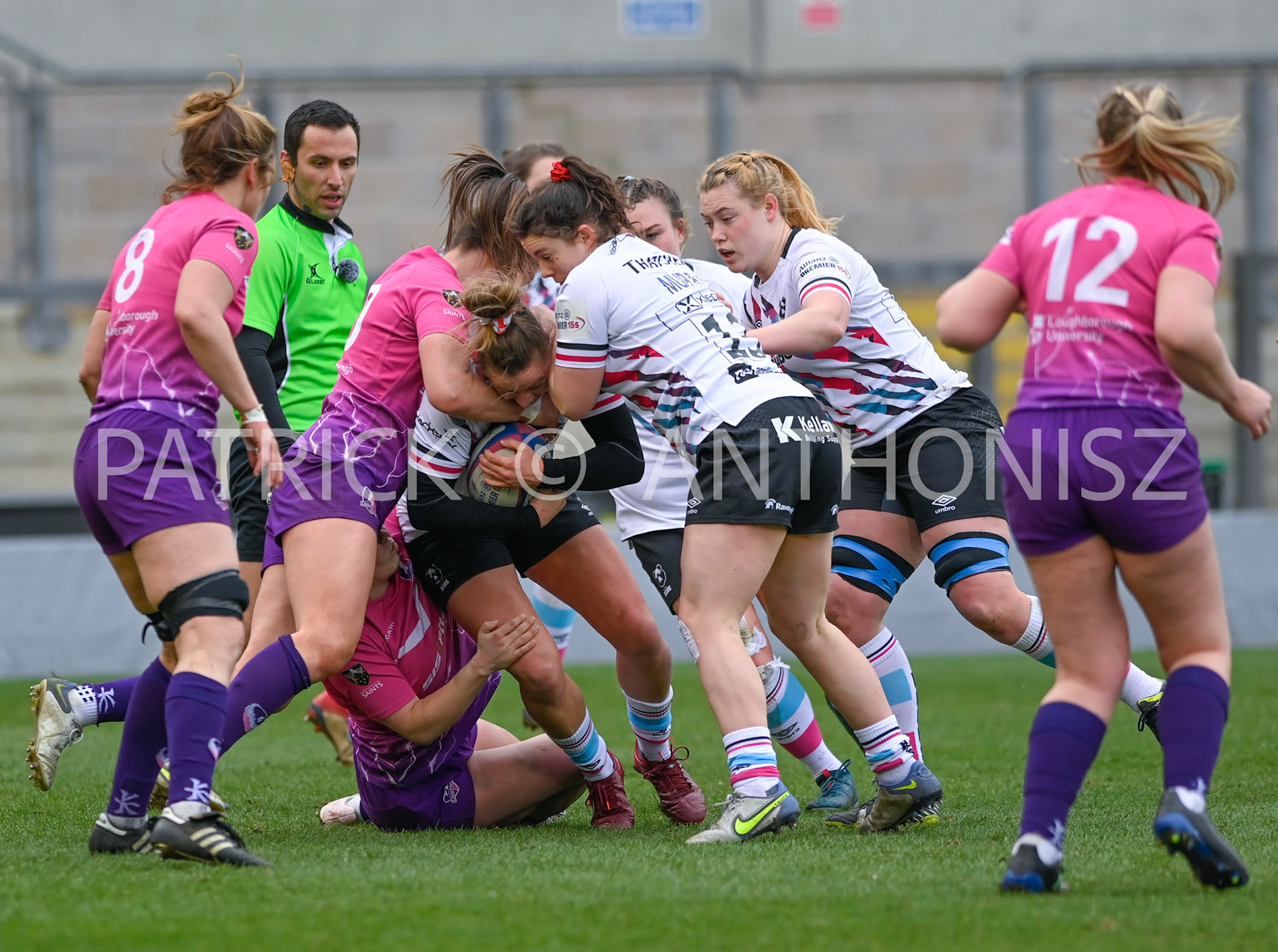 NORTHAMPTON, ENGLAND- Sat-4-2023:  Amber Reed (c) of Bristol Bears tries to keep the ball from Helen Nelson of LOUGHBOROUGH during the match between  Loughborough Lightning and Bristol Bears at Franklin's Gardens on Sat-4-2023 in Northampton, England