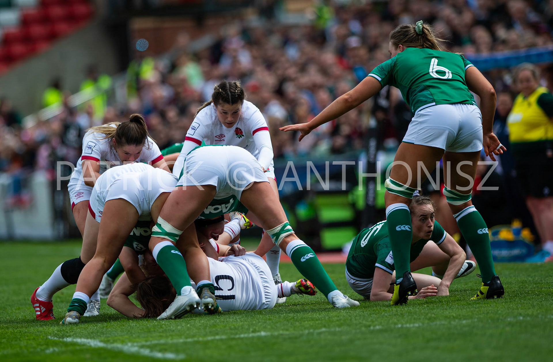 24th - April  2022 : Helena Rowland England  is brought down by Molly Scuffil-McCabe Ireland during the England Vs Ireland round 4    TikTok Women's Six Nations at  Mattioli  Woods Welford Road.