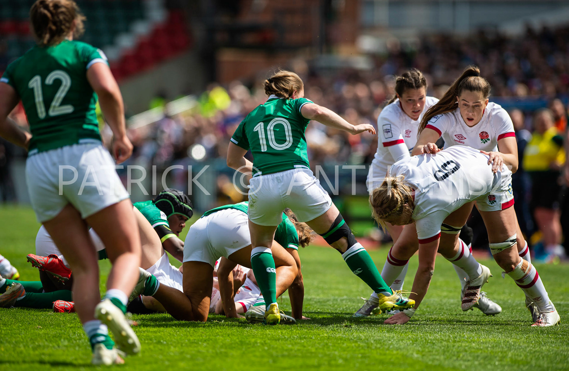 24th - April  2022 : no 10 Nicole Cronin Ireland and no 6 Alex Matthews England  is seen in action diring the England Vs Ireland round 4    TikTok Women's Six Nations at  Mattioli  Woods Welford Road.
