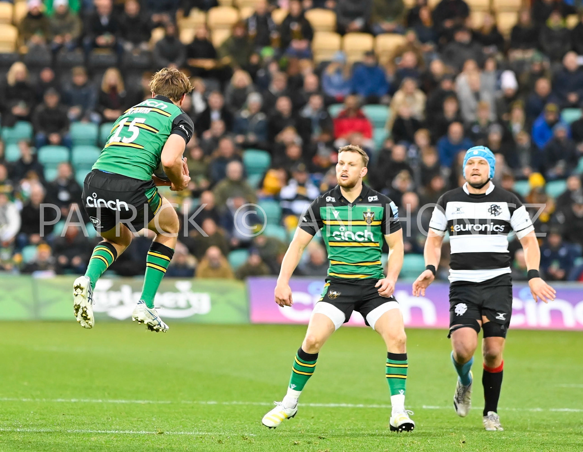 NORTHAMPTON, ENGLAND- Nov -26 - 2022 : James Ramm  of Northampton Saints gets a high ball  during the match between Northampton Saints and The Barbarians F C at Franklin's Gardens on November 26, 2022 in Northampton, England