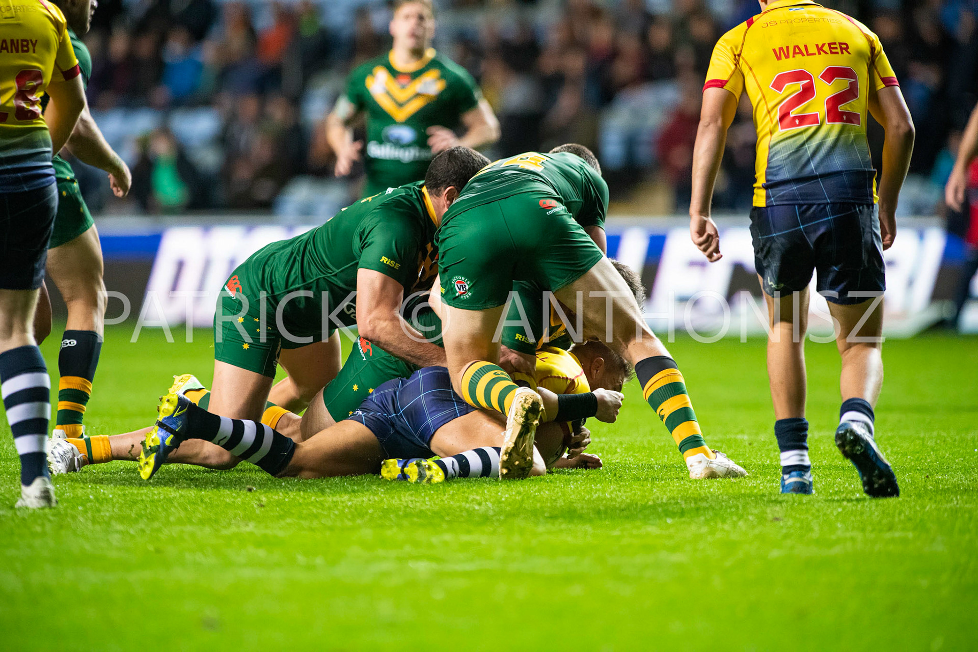 Coventry England  21st October:  Match action during the Rugby League World Cup 2021 between Australia Vs Scotland  at  Coventry Building Society Arena on 21st October 2022 Australia 84: Scotland 0