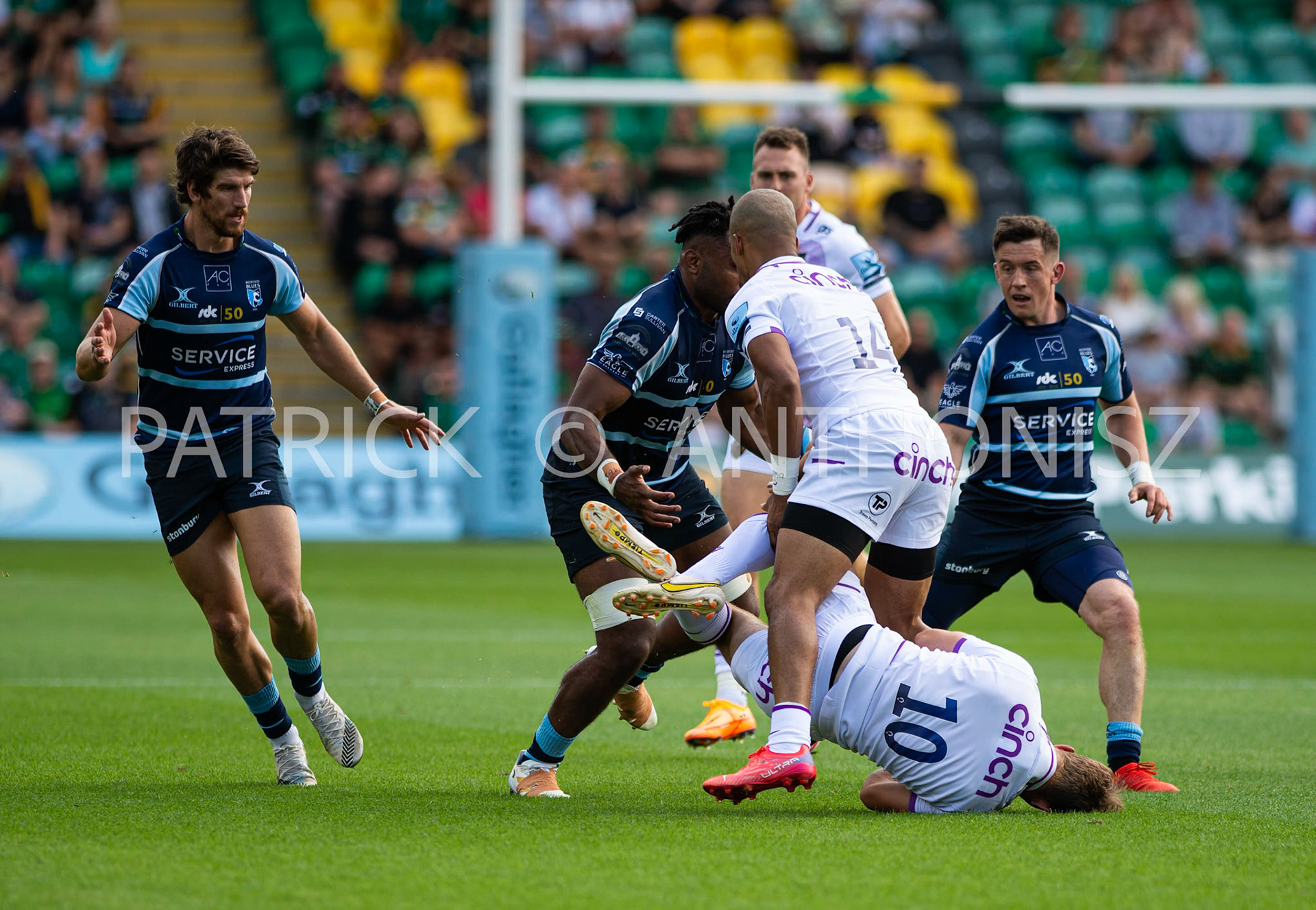 NORTHAMPTON, ENGLAND - August 27 : 2022  Matty Arden of northampton saints on the ground during the match between Northampton Saints and Bedford Blues  at Franklin's Gardens on August 27  2022 in Northampton, England.