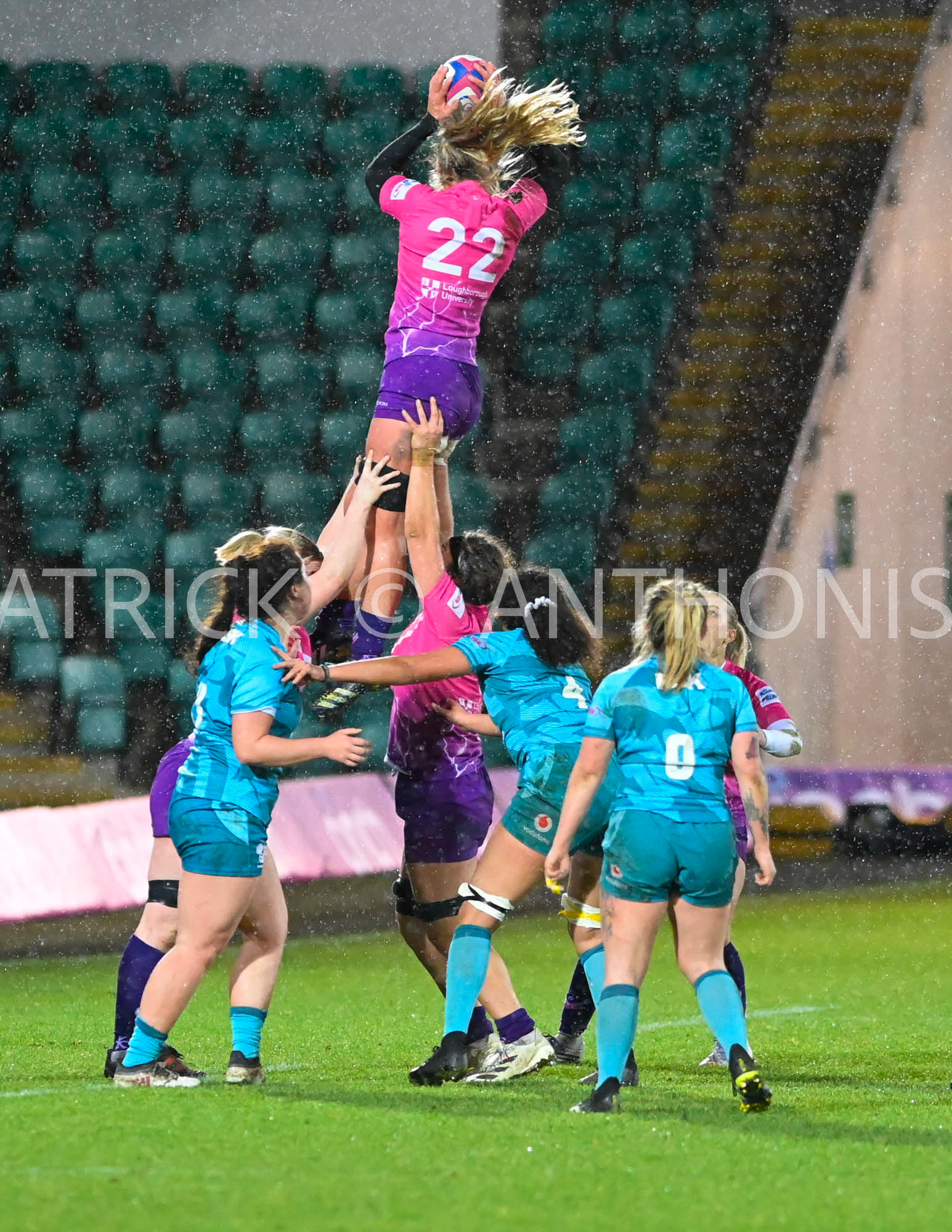 NORTHAMPTON, ENGLAND :  Lucy Weaver of Loughborough Lightning wins the ball during Women's Allianz Premiership 15's match between Loughborough Lightning and  Wasps at Franklin's Gardens on  Sunday January  8 2023 in Northampton, England