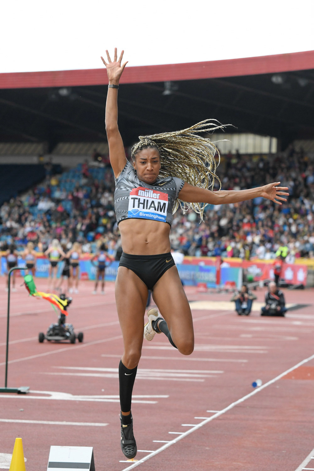 Birmingham. UK.. 18 August 2019.  Nafissatou Thiam (BEL)  in  action in the womens  long jump at the Muller Grand Prix. IAAF Diamond League athletics. Alexander stadium. Birmingham