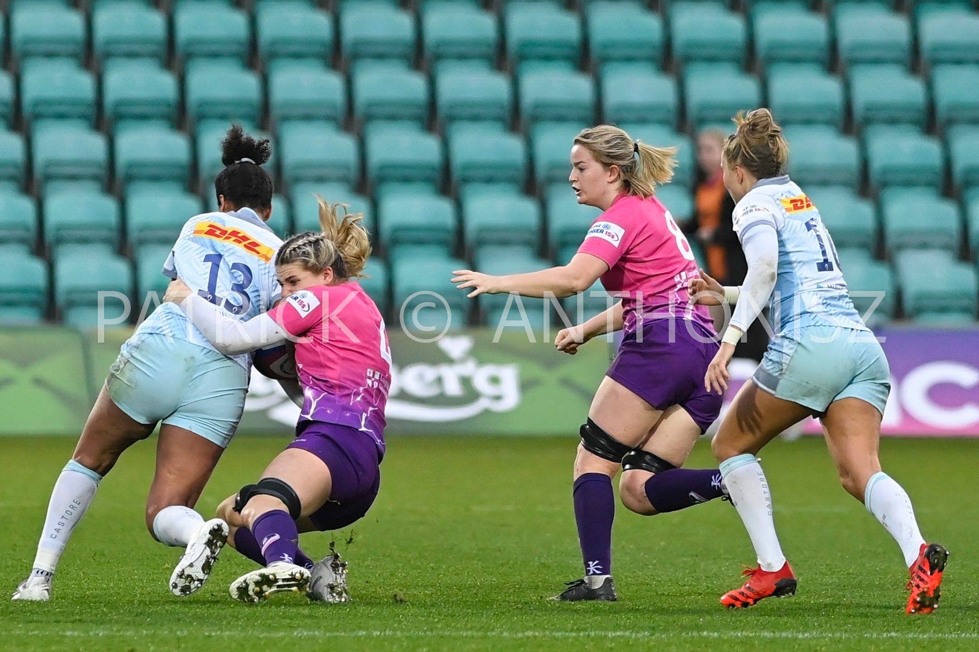 NORTHAMPTON, ENGLAND- Nov -27 - 2022 : Lilli Ives Campion takes down Lagi Tuima  during the match between Loughborough Lightning Vs Harlequins at Franklin's Gardens on November 27, 2022 in Northampton, England