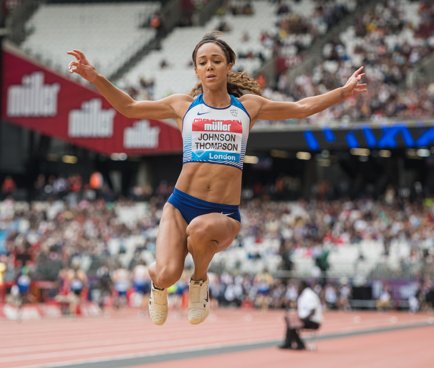 LONDON, ENGLAND - JULY 21: Katarina Johnson-Thompson of Great Britain in action in the Women's Long Jump during Day Two of the Muller Anniversary Games IAAF Diamond League London Stadium on July 21, 2019 in London, England.