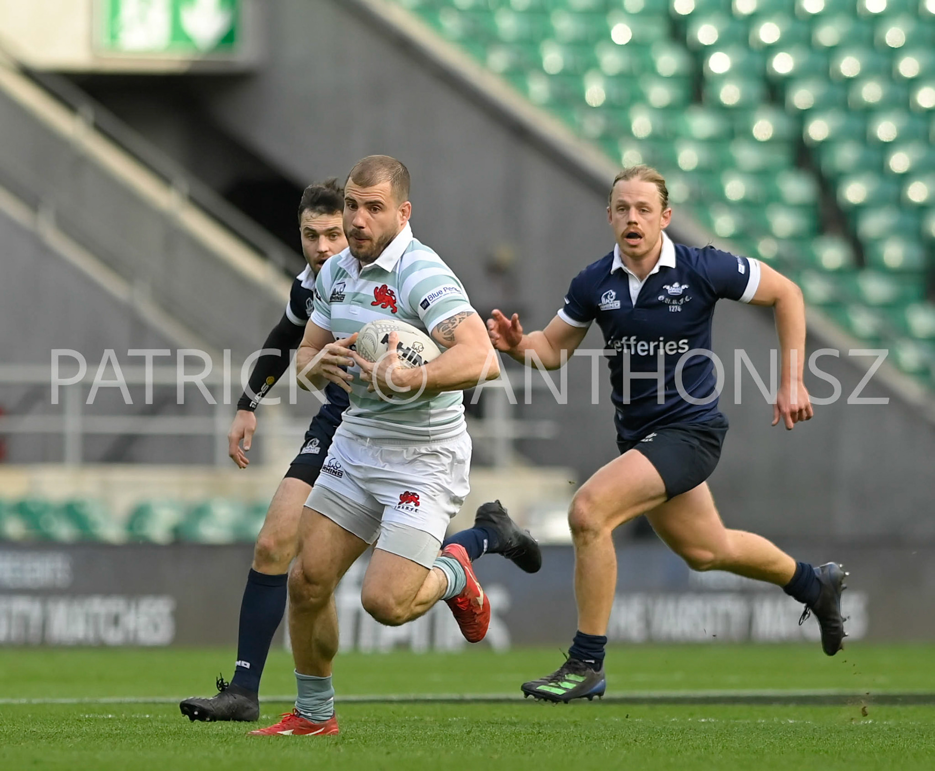 LONDON, ENGLAND March 25: Tommaso Castello (Hughes Hall) Cambridge of  runs with the ball during the Oxford University vs Cambridge University Men's Varsity match at Twickenham Stadium on Saturday March 25-2023 in London, England.