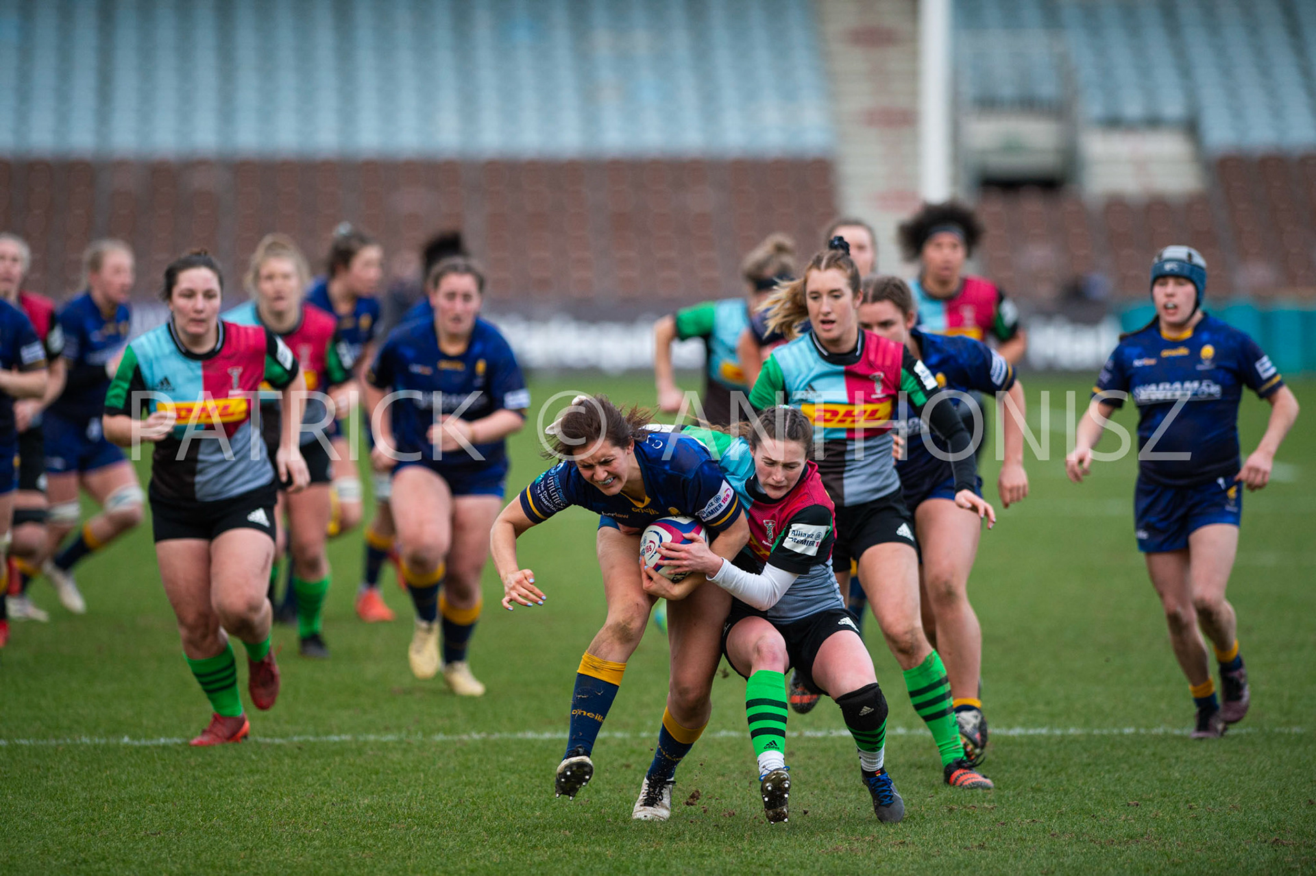 Harlequins Women Vs  Worcester WarriorsWomen's Allianz Premier 15sLondon,England February 12th 2022: Megan Varley of Worcester Warriors is stop by Lucy Packer of Harlequins  match between  Harlequins Women Vs  Worcester Warriors at Twickenham Stoop .Final score:  Harlequins Rugby 42 : 15  Worcester Warriors