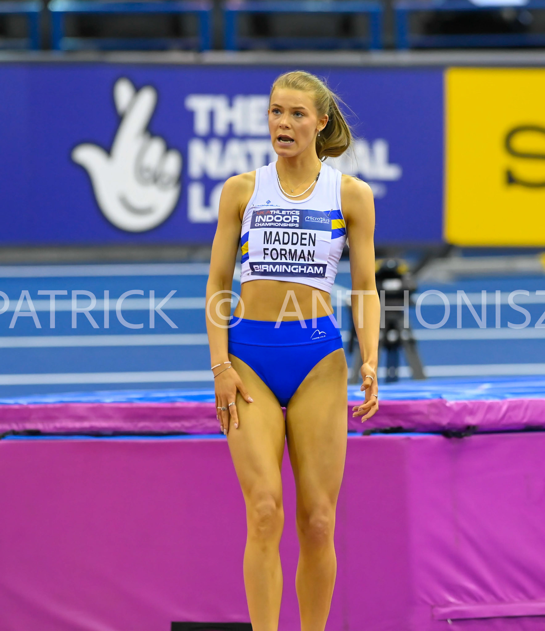 BIRMINGHAM, ENGLAND - FEBRUARY 19:Emily MADDEN FORMAN looks on during the High Jump at day 2 of the UK Athletics Indoor Championships at the Utilita Arena, Birmingham , England