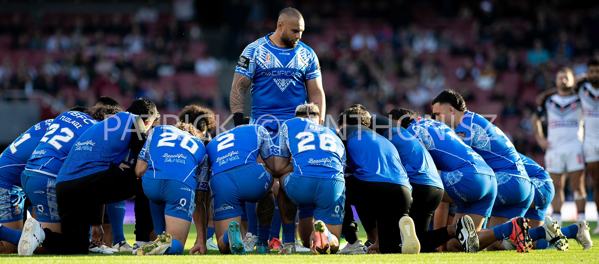 London  ENGLAND - NOVEMBER 12. Junior Paulo of Samoa leads The Manu Siva Tau the Samoan war dance during  the  Semi Final between England and Samoa at the Emirates Stadium on November 12 - 2022 in London, England.