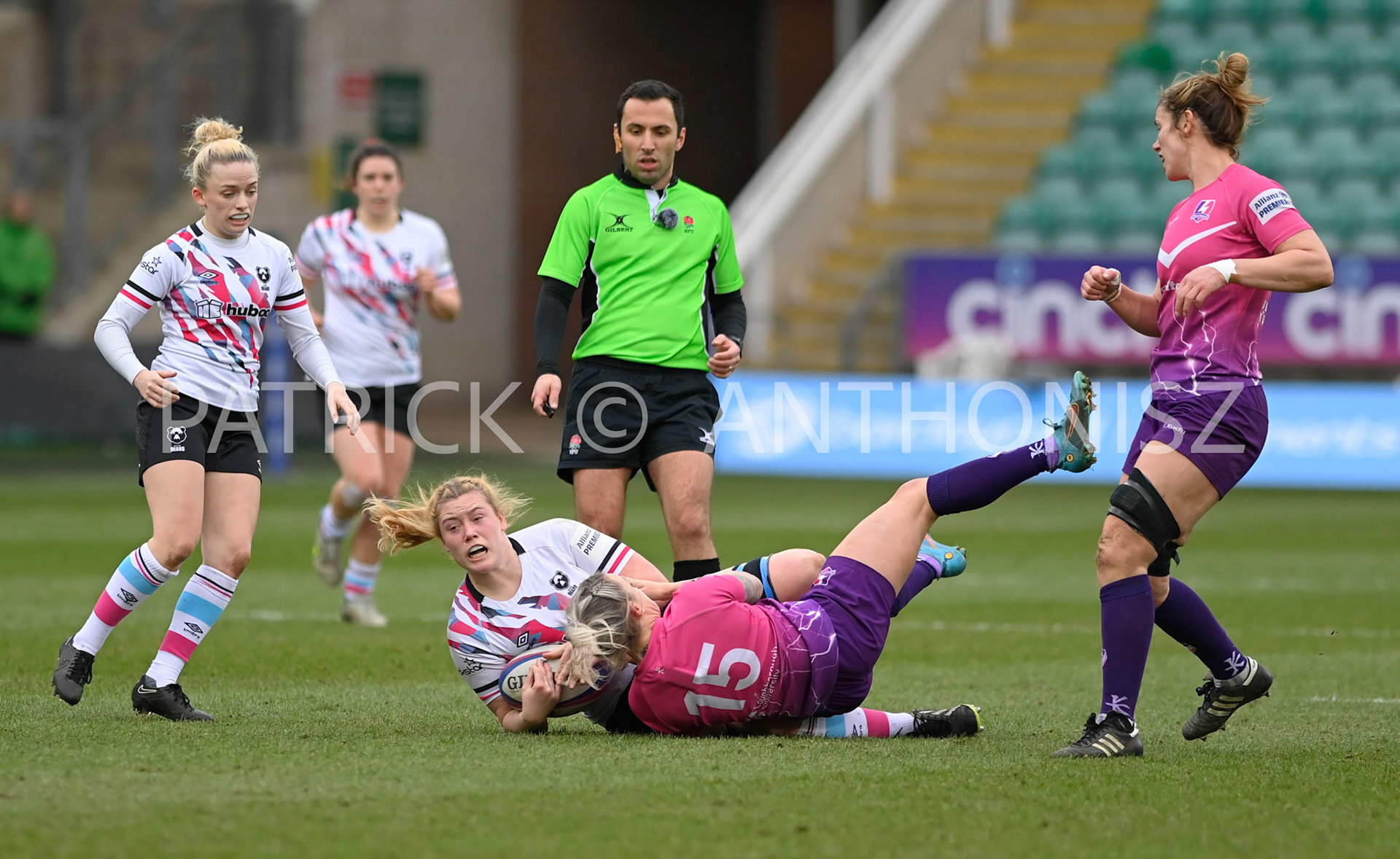 NORTHAMPTON, ENGLAND- Sat-4-2023: Delaney Burns of Bristol Bears is stop by Chloe Rollie of LOUGHBOROUGH  during the match between  Loughborough Lightning and Bristol Bears at Franklin's Gardens on Sat-4-2023 in Northampton, England