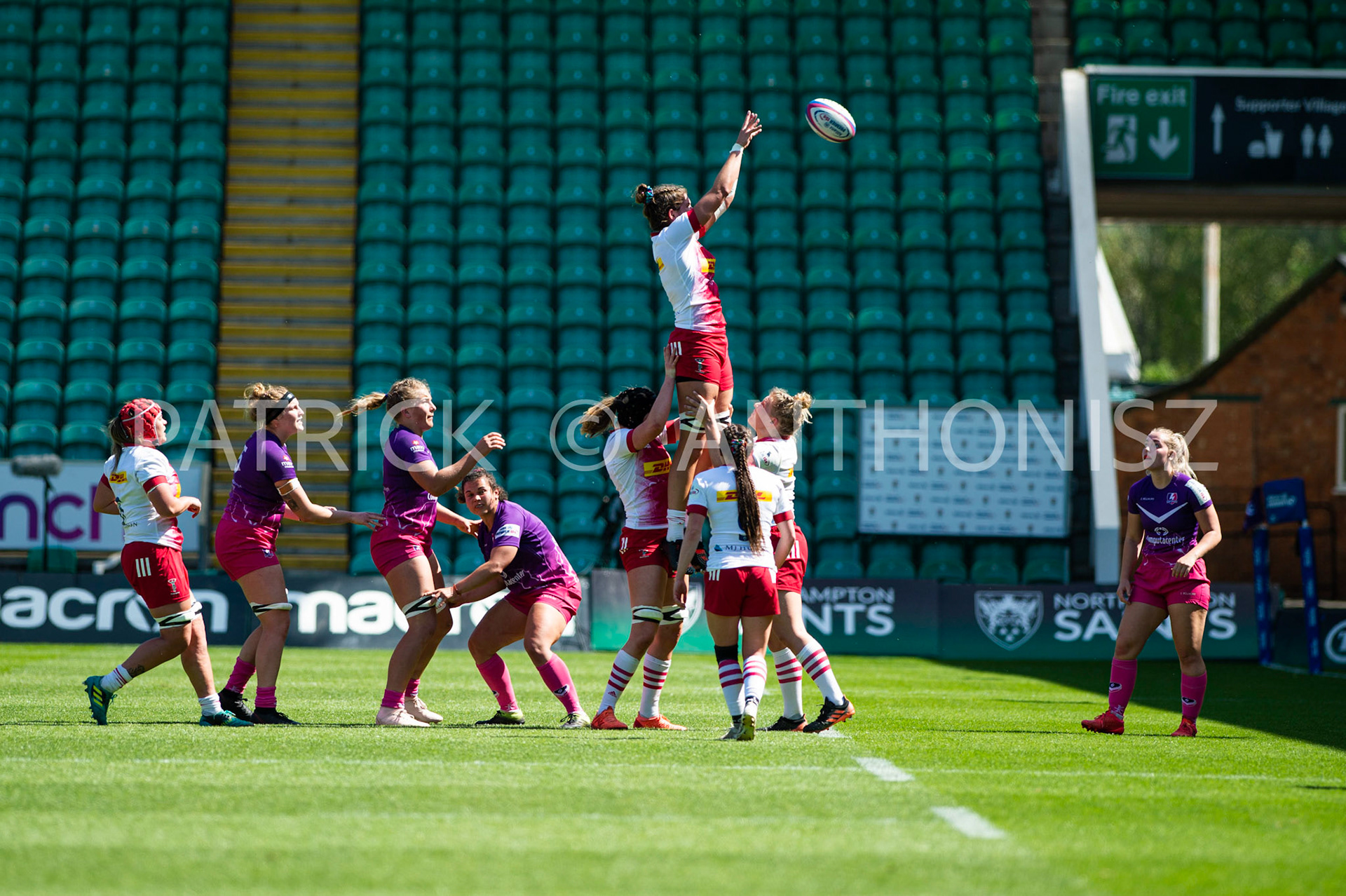 Northampton -14–May-2022. Jenny Kronish gets the ball during the  Loughborough Lightning Vs Harlequins Womens  match at cinch Stadium Franklin's Gardens Northampton  .