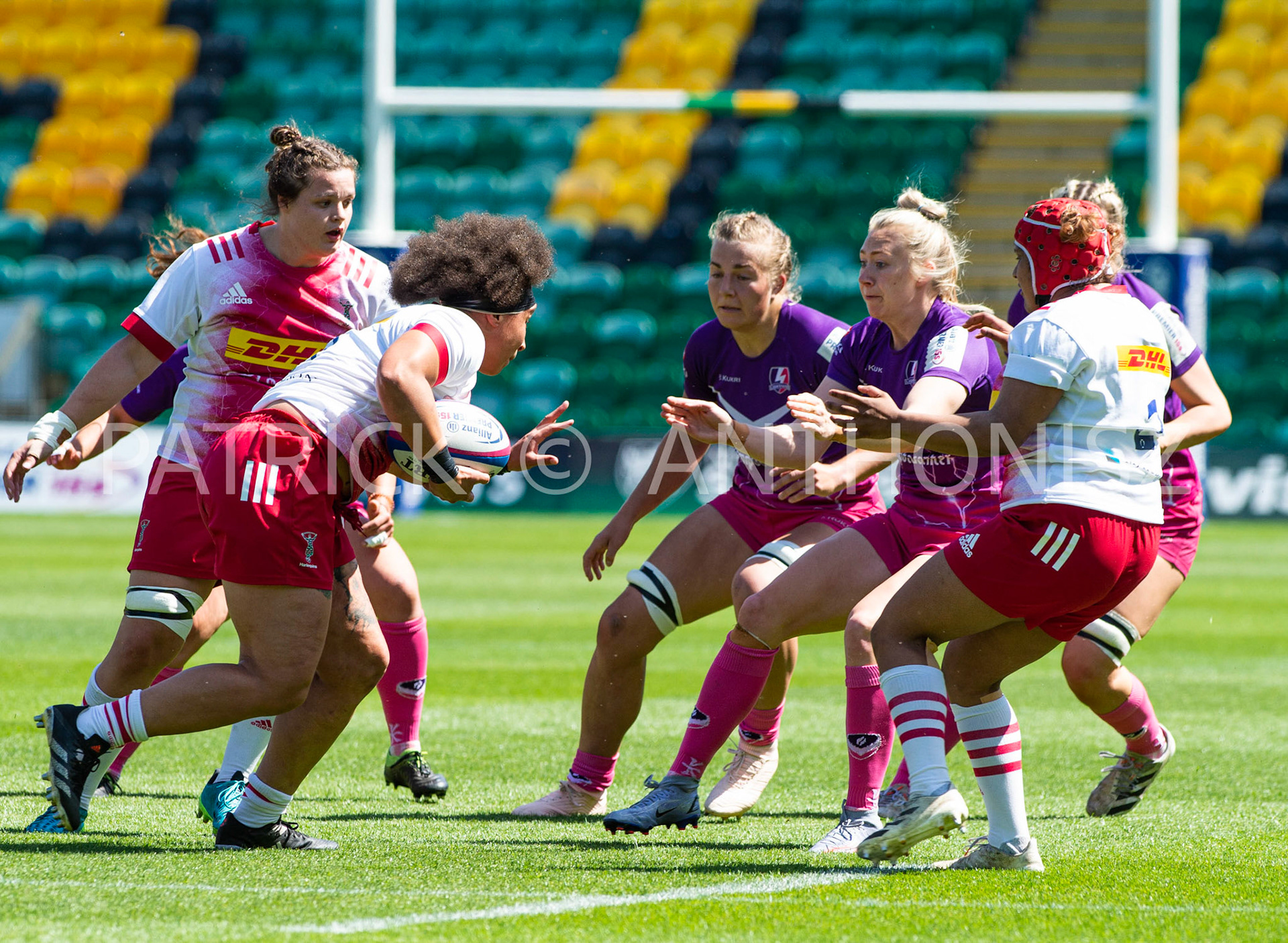 Northampton -14–May-2022. Shaunagh Brown of Harlequins tries to make a break during  Loughborough Lightning Vs Harlequins Womens match  at cinch Stadium Franklin's Gardens Northampton  .
