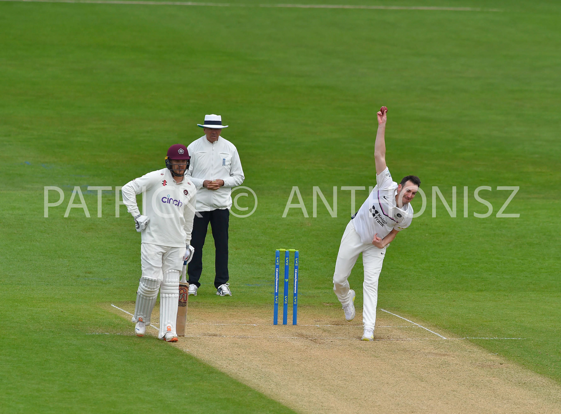 NORTHAMPTON, ENGLAND - April 15 2023 : TOBY ROLAND-JONES of Middlesex in action  Day 3 of the LV= Insurance County Championship match between Northamptonshire and   Sat  April  15 at The County Ground  in Northampton, England.