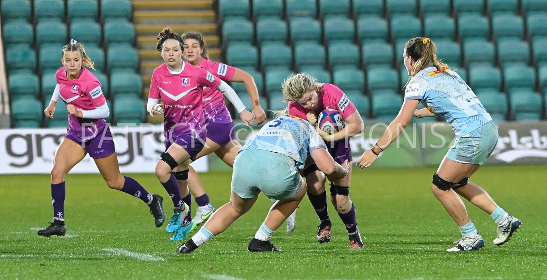 NORTHAMPTON, ENGLAND- Nov -27 - 2022 : N0 3 Bryony Cleall  of Harlequins takes down Daisy Hibbert Jones  of Loughborough during the match between Loughborough Lightning Vs Harlequins at Franklin's Gardens on November 27, 2022 in Northampton, England