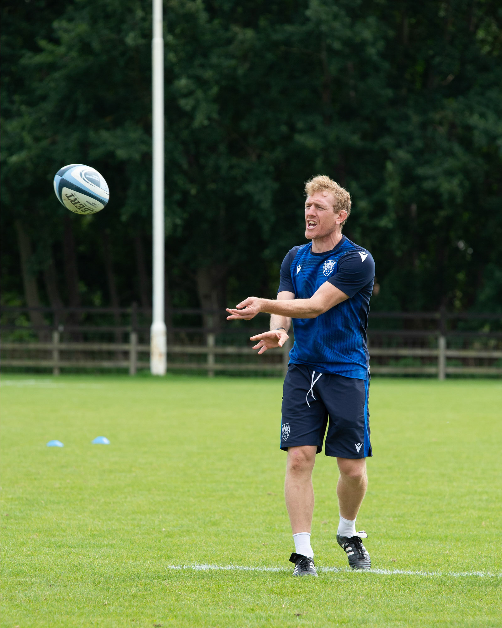 Attack Coach Sam Vesty   issues instructions during the Northampton Saints training session