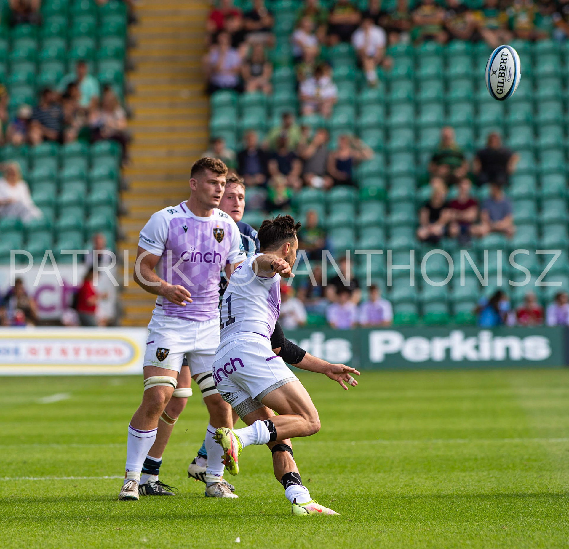 NORTHAMPTON, ENGLAND - August 27 : 2022  Tom Collins is seen going for the ball during the match between  Northampton Saints and Bedford Blues  at Franklin's Gardens on August 27  2022 in Northampton, England.