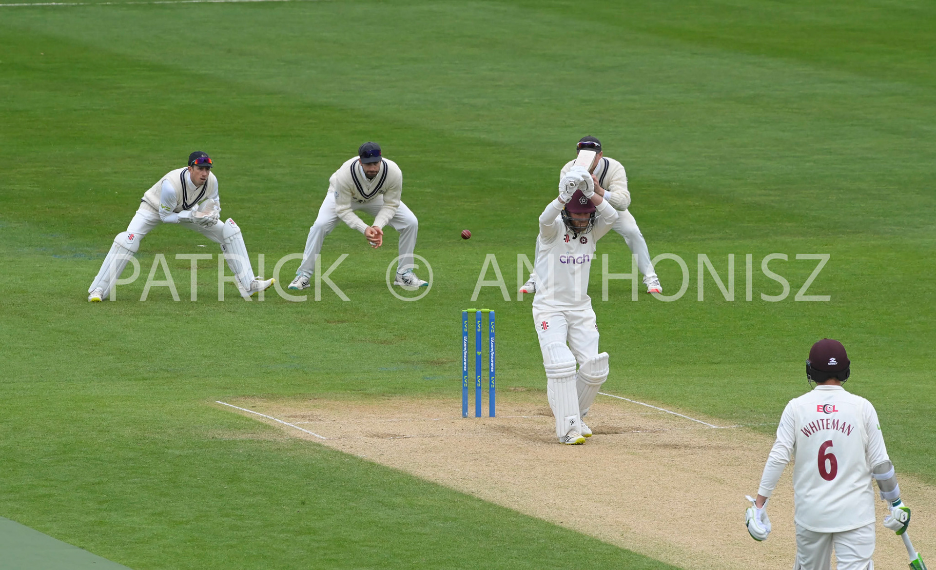 NORTHAMPTON, ENGLAND - April 16 2023 : Luke Procter of Northampton evades the ball during the Day 4 of the LV= Insurance County Championship match between Northamptonshire and   Sun  April  16 at The County Ground  in Northampton, England.
